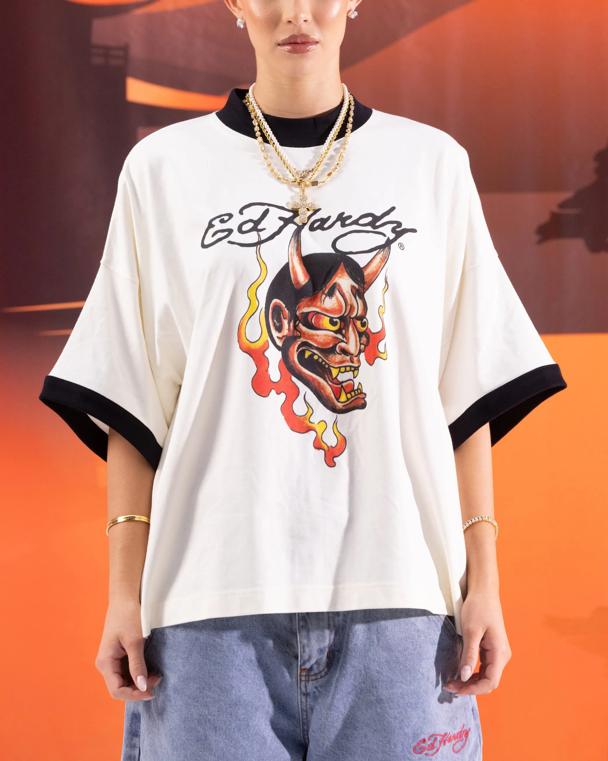 Ed Hardy Devil Ringer T-Shirt Off White Perfect Fit Wear Ultra Soft Texture