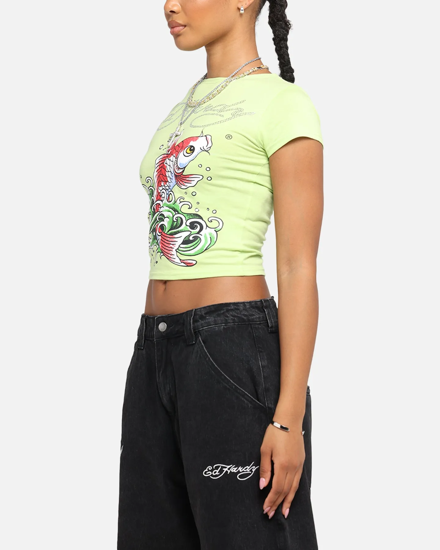 Fashion-Forward Fit Ed Hardy Women's Koi Baby T-Shirt Green