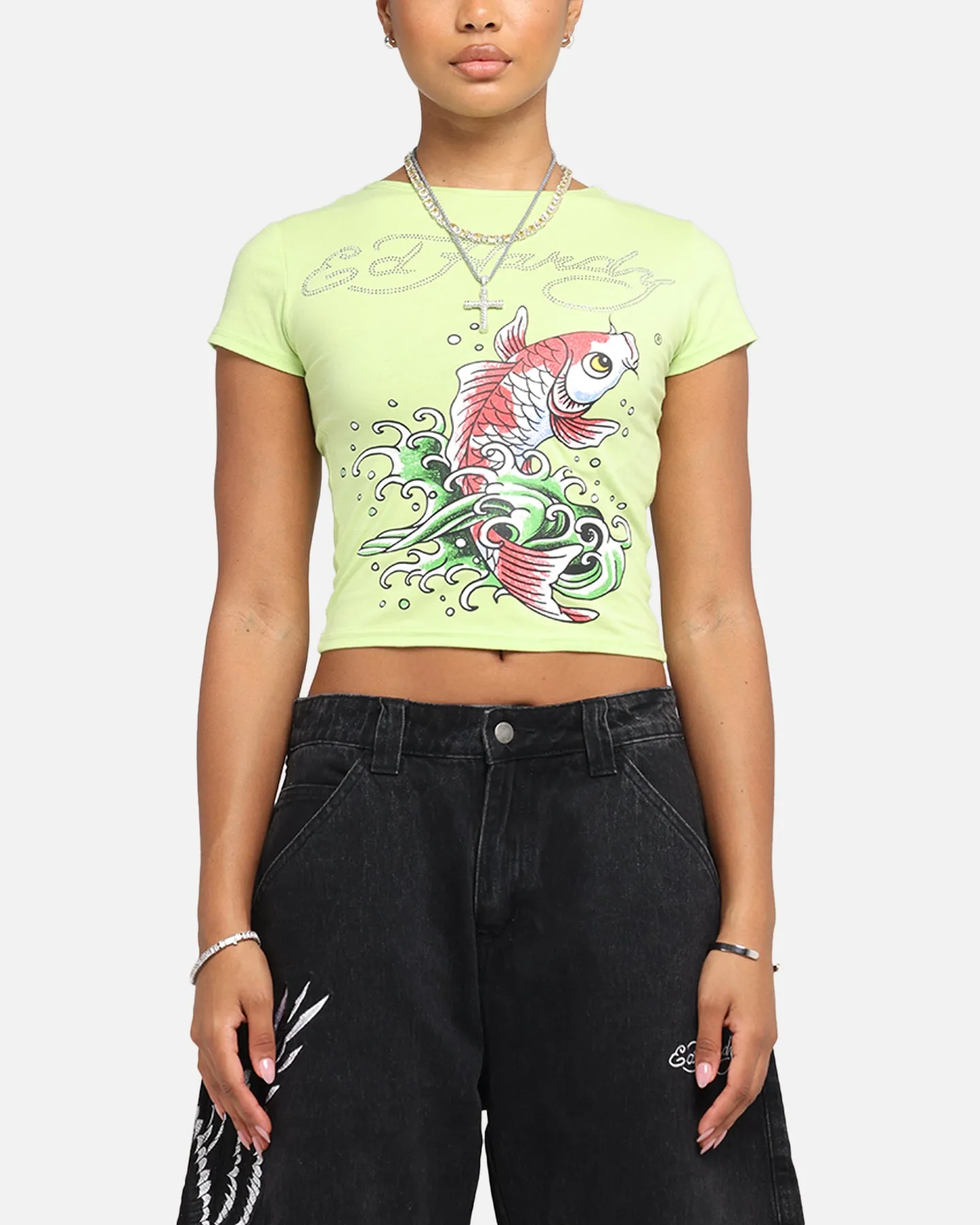Cozy Layer Teenager fashion Ed Hardy Women's Koi Baby T-Shirt Green