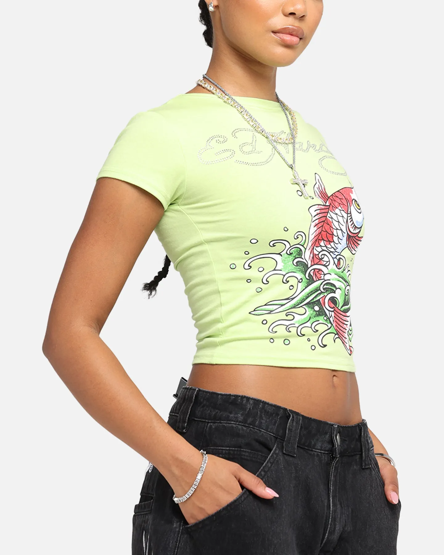 Ed Hardy Women's Koi Baby T-Shirt Green Low Environmental Impact