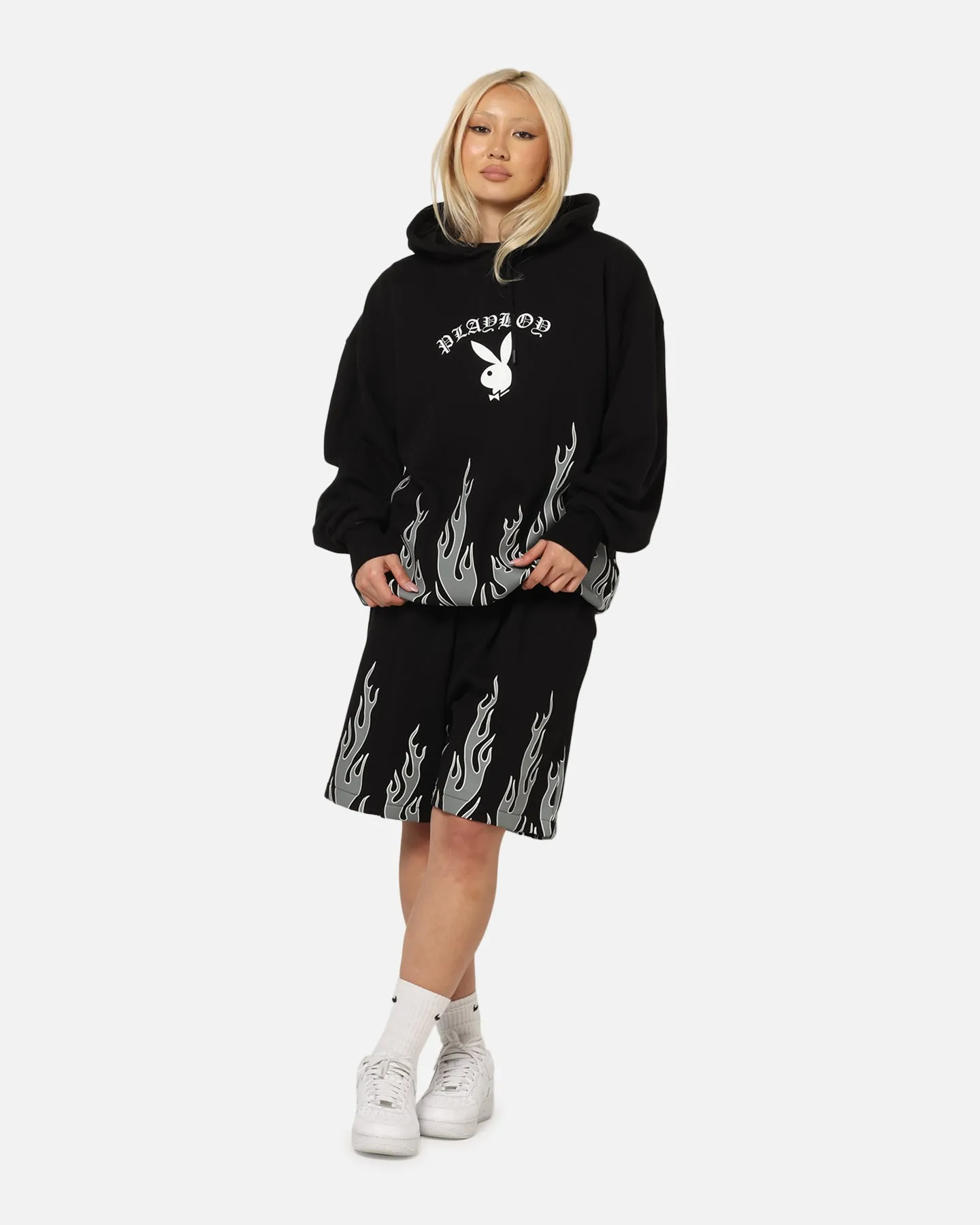 Hidden Pocket Compartments Playboy Gothic Flames Hoodie Black