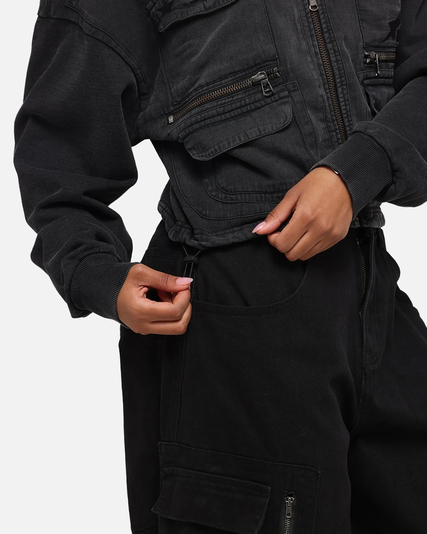 Patchwork Loiter Women's Utility Cropped Hoodie Washed Black