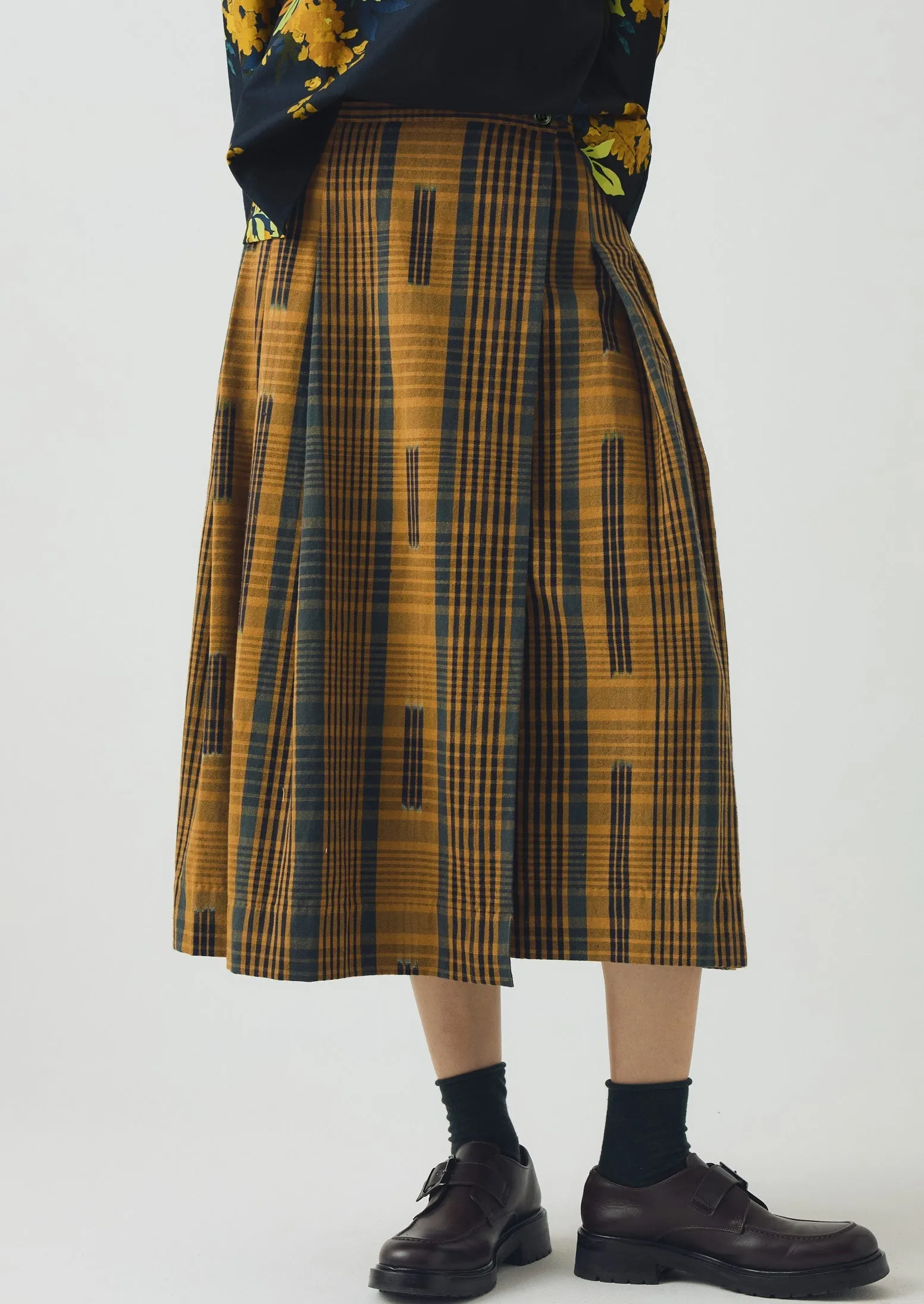 Fringe Detail Space Dyed Check Wrap Skirt | Golden Brown