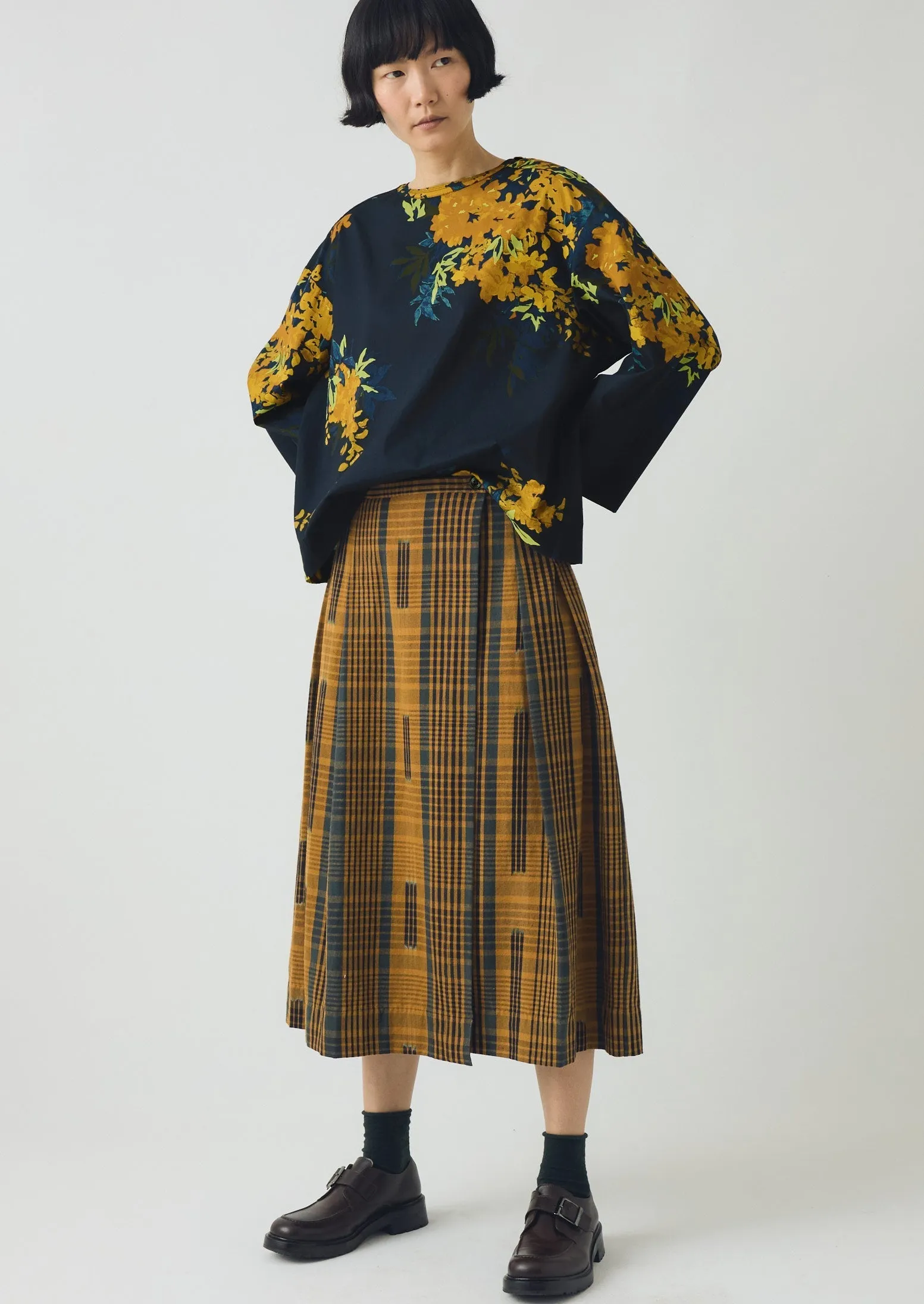 Space Dyed Check Wrap Skirt | Golden Brown Pastel tone flared silhouette