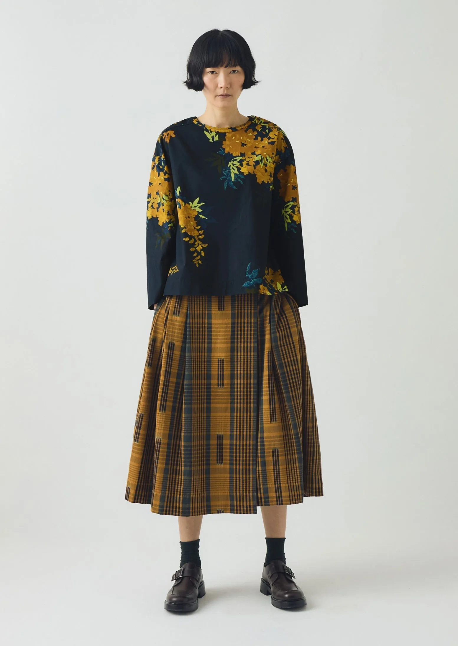 Relaxed Mood Space Dyed Check Wrap Skirt | Golden Brown