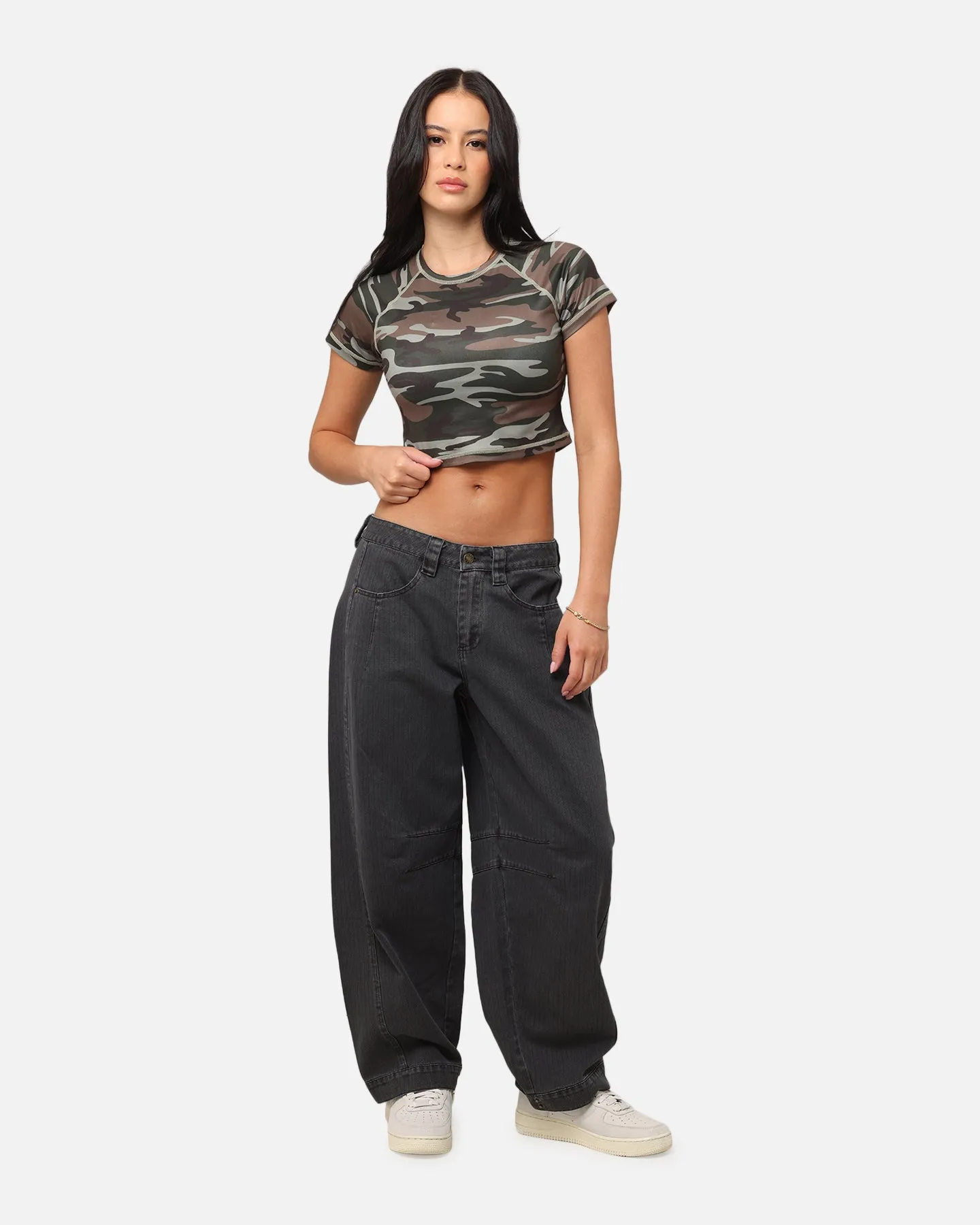XXIII Women's Boiler Room Crop T-Shirt Washed Green Camo Comfy Fit Layer