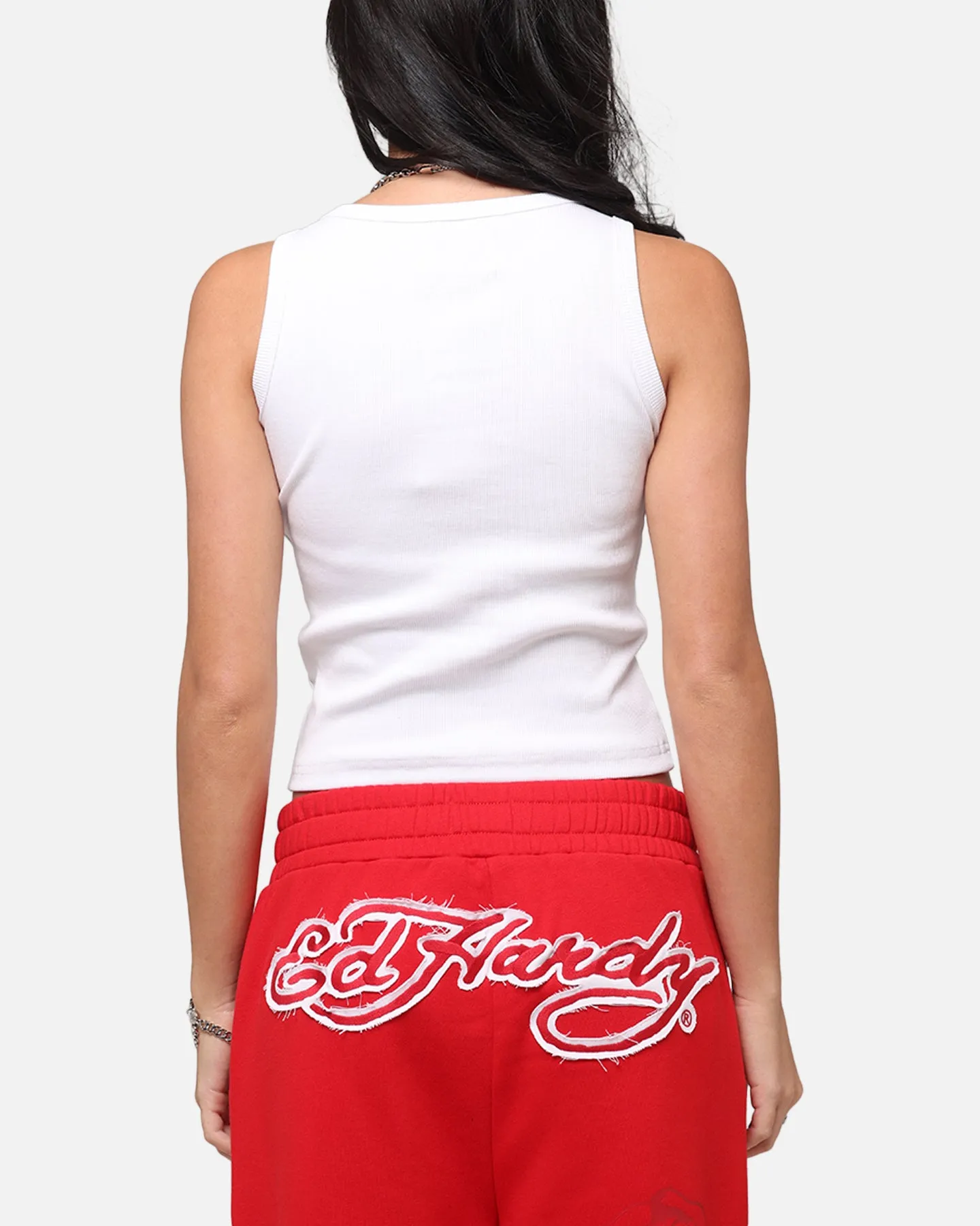 Shock Absorbing Stay Flexible Fit Ed Hardy Women's Rose Tank Top White