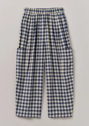 Cropped hem Gingham Linen Cotton Patch Pocket Pants | Denim Blue