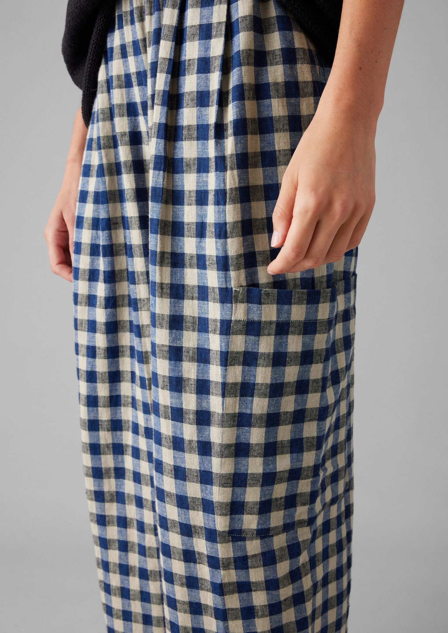 Casual Chic Breathable Waist Gingham Linen Cotton Patch Pocket Pants | Denim Blue