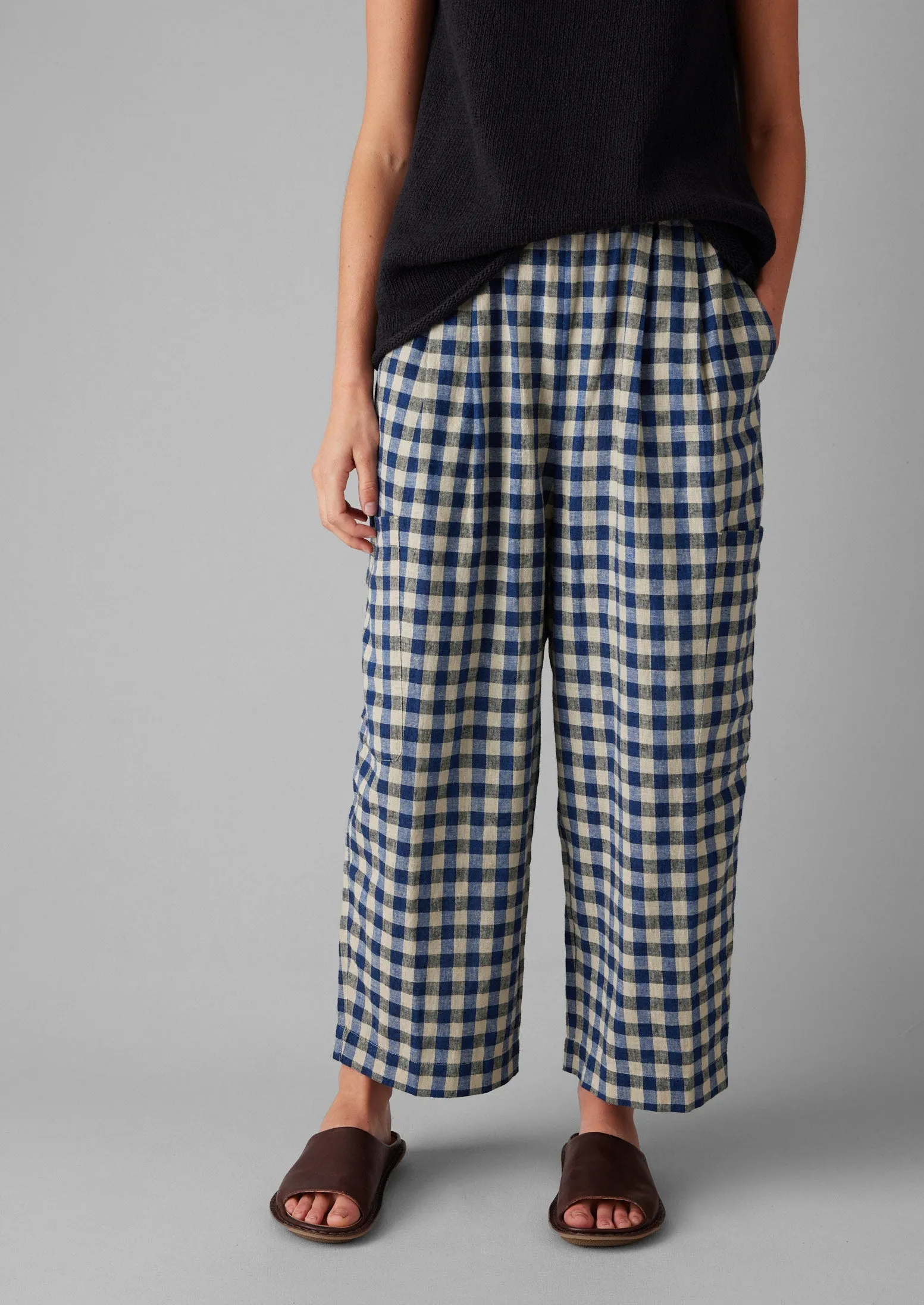 RecycledPolyester Seamless Comfort Gingham Linen Cotton Patch Pocket Pants | Denim Blue