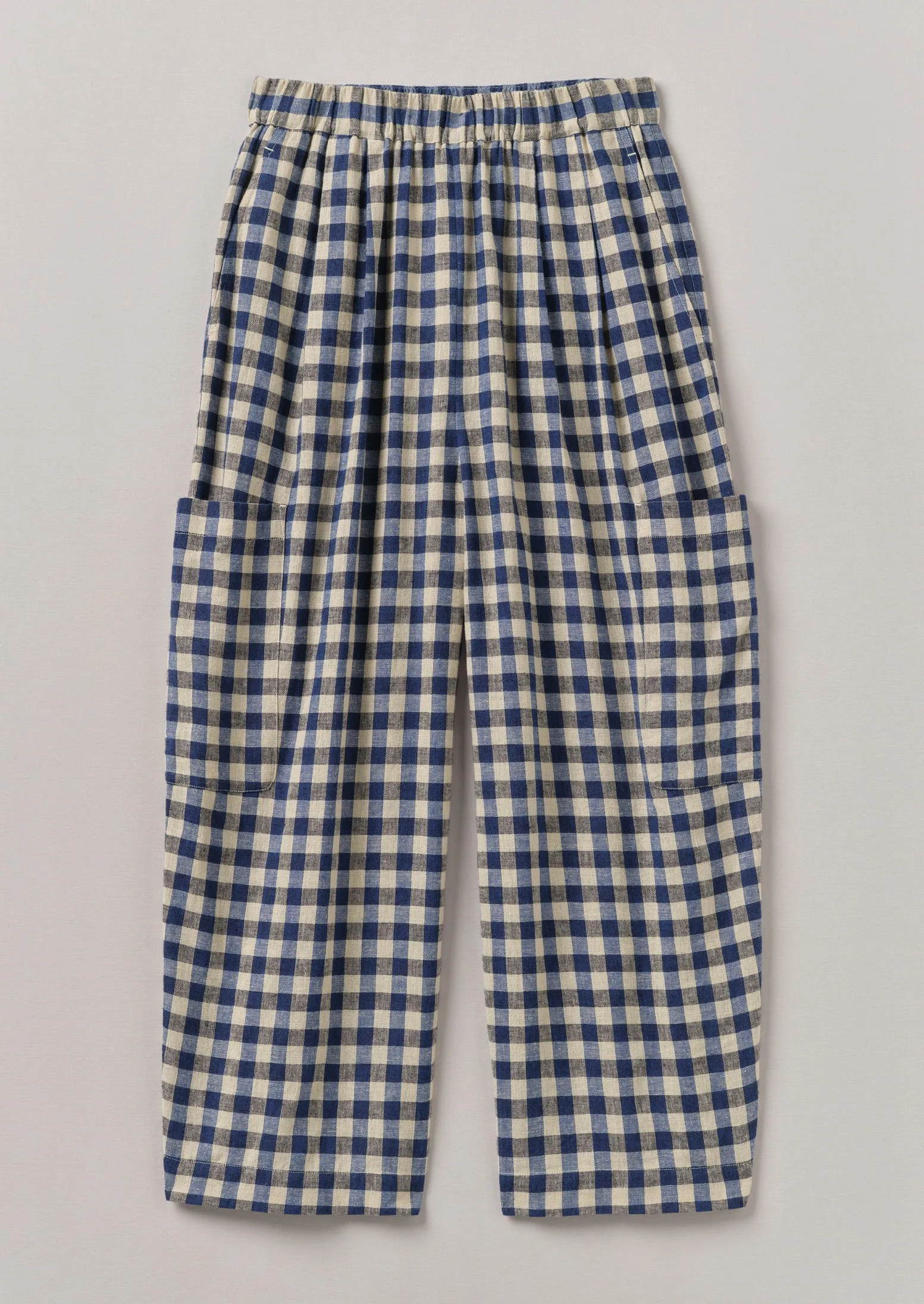 Cropped hem Gingham Linen Cotton Patch Pocket Pants | Denim Blue