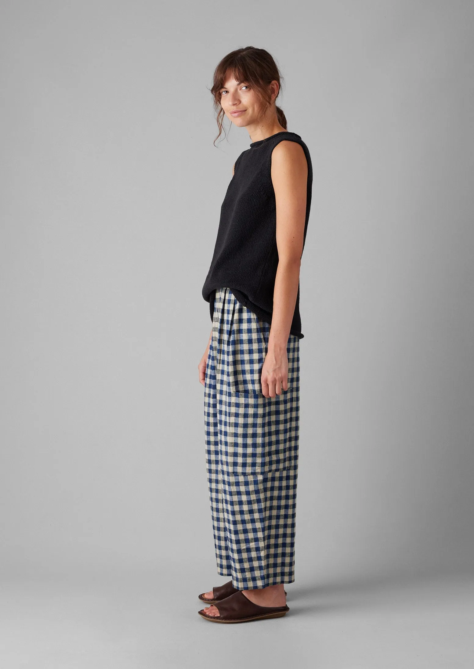 Elastic Cuff Fast Move Gingham Linen Cotton Patch Pocket Pants | Denim Blue