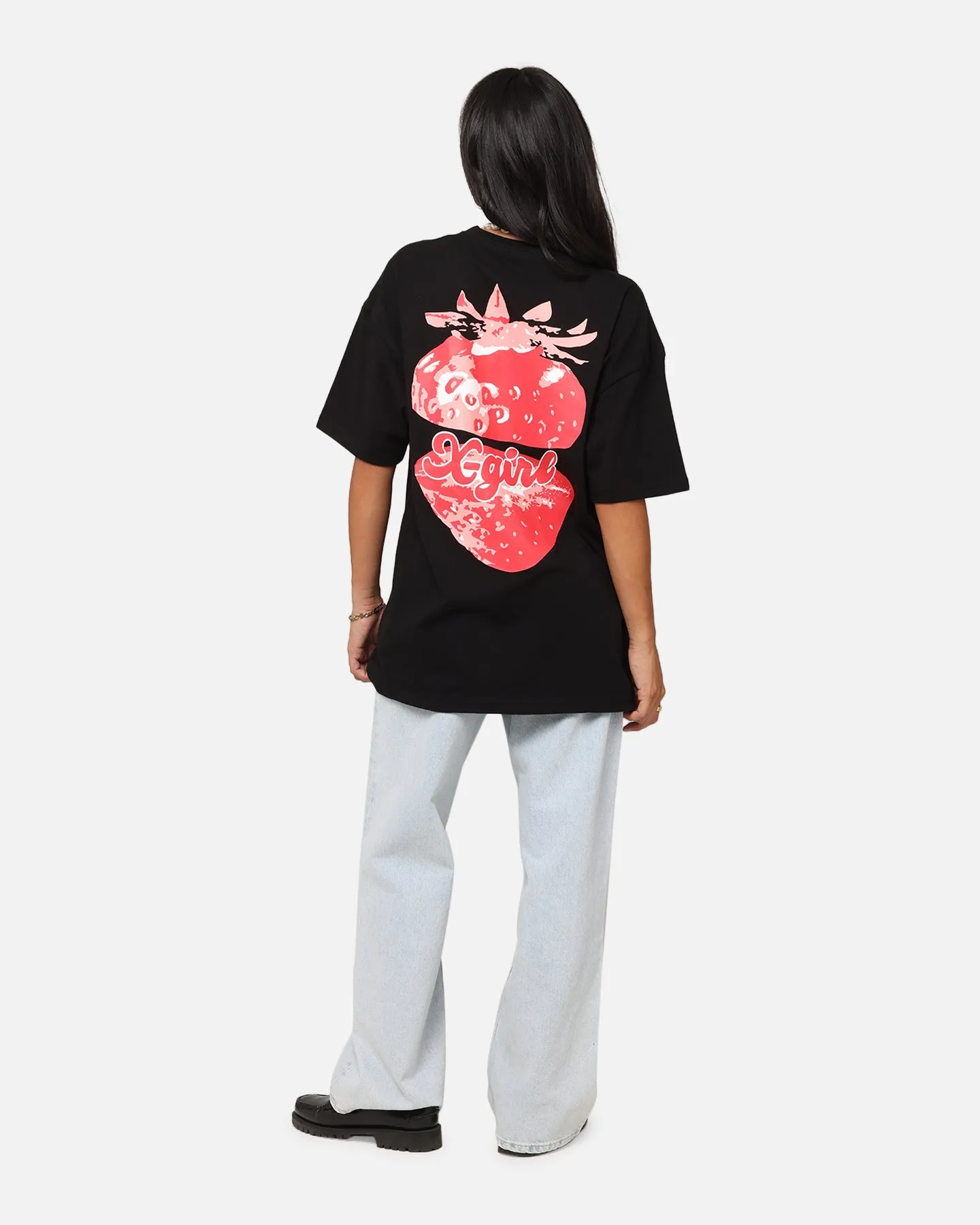 X-Girl Women's Strawberry Relaxed T-Shirt Black Cozy Touch