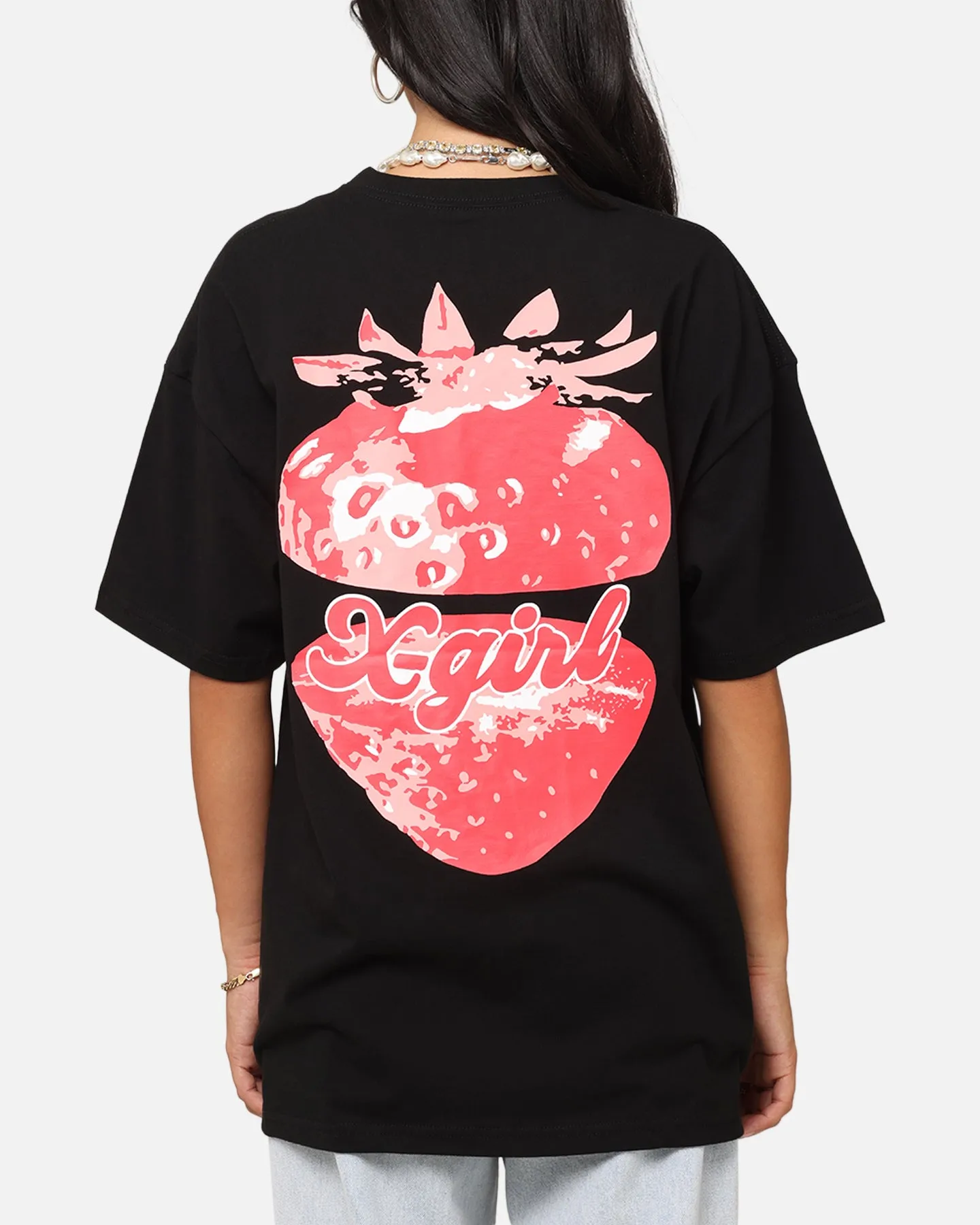 X-Girl Women's Strawberry Relaxed T-Shirt Black Casual Style Wear Bohemian freedom