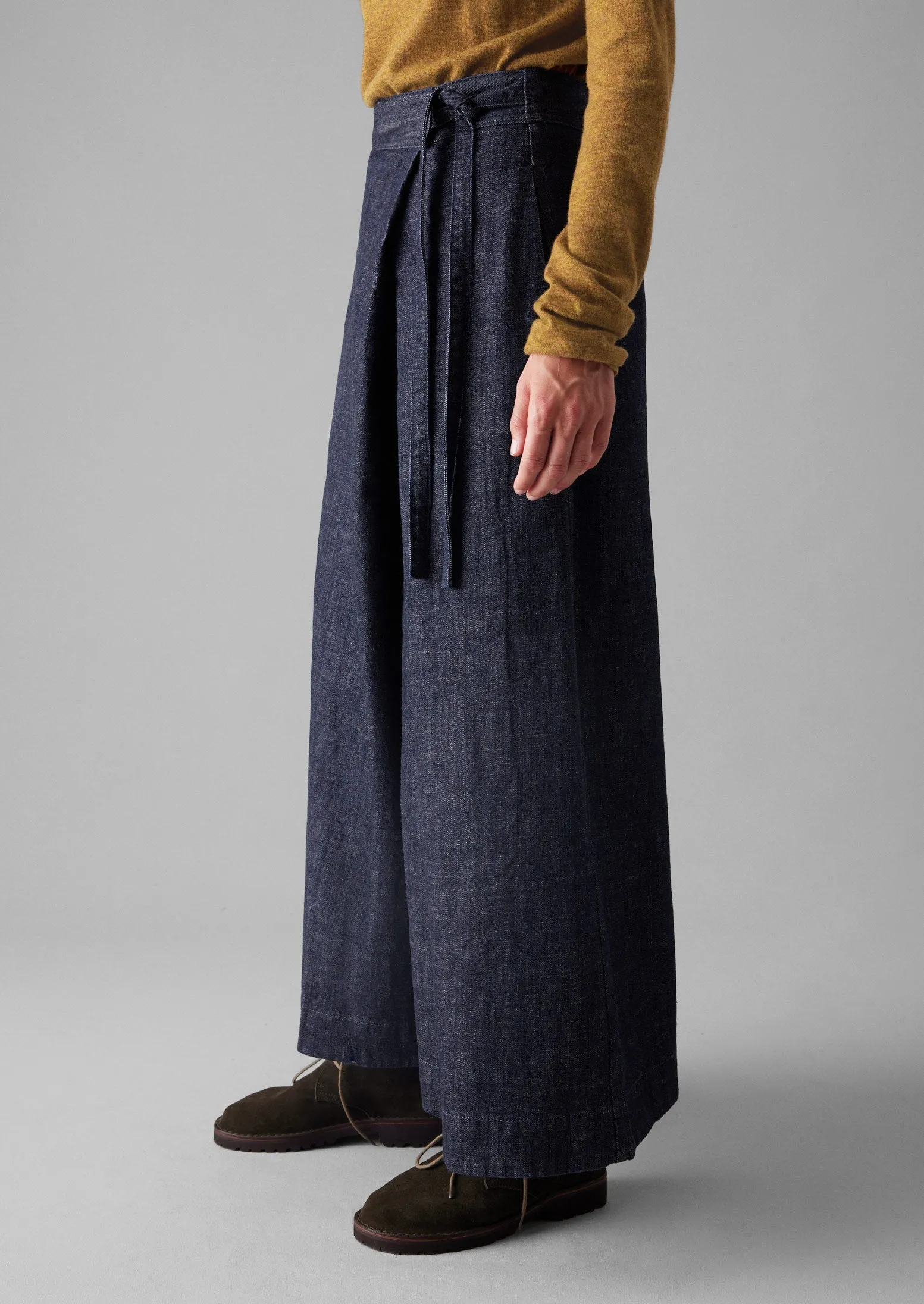 Cultural Heritage Runway Ready Pleated Wrap Denim Culottes | Indigo