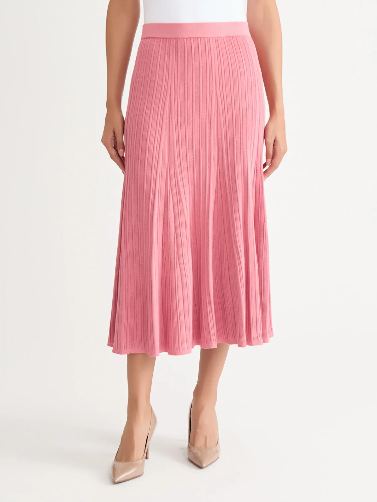 Flared Ribbed Soft Knit Midi Skirt, Honey Suckle - True Fit Side Pockets