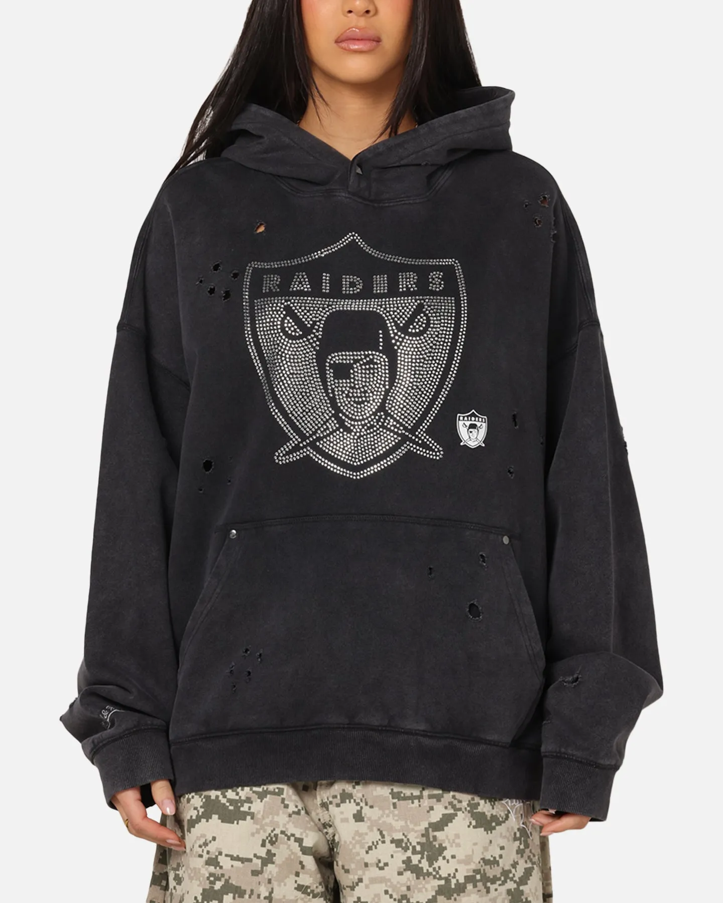 Mitchell & Ness Las Vegas Raiders Distressed Rhinestone Logo Hoodie Faded Black Sporty Edge Earth Tones