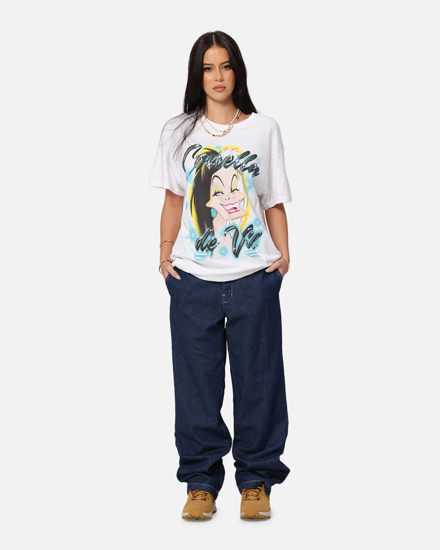 Goat Crew Disney Cruella De Vil Airbrush T-Shirt White DoubleStitched Seams