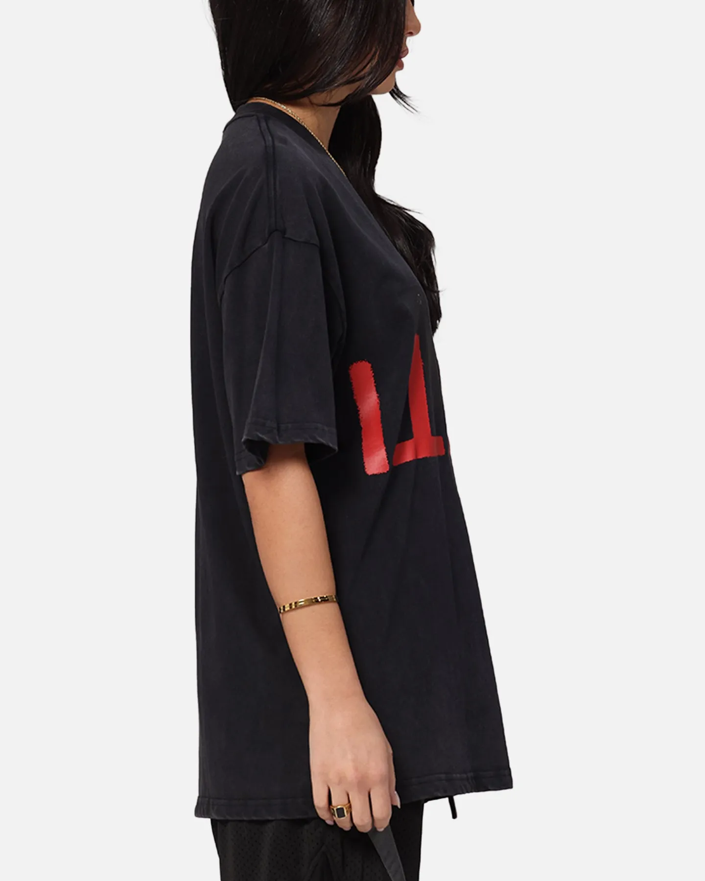 Trendy Layering FlexibleKnit The Anti Order Echo Spray Drop Shoulder T-Shirt Black Acidwash