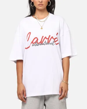 Carre International Script T-Shirt White Reinforced Shoulder Seams Retro nostalgia
