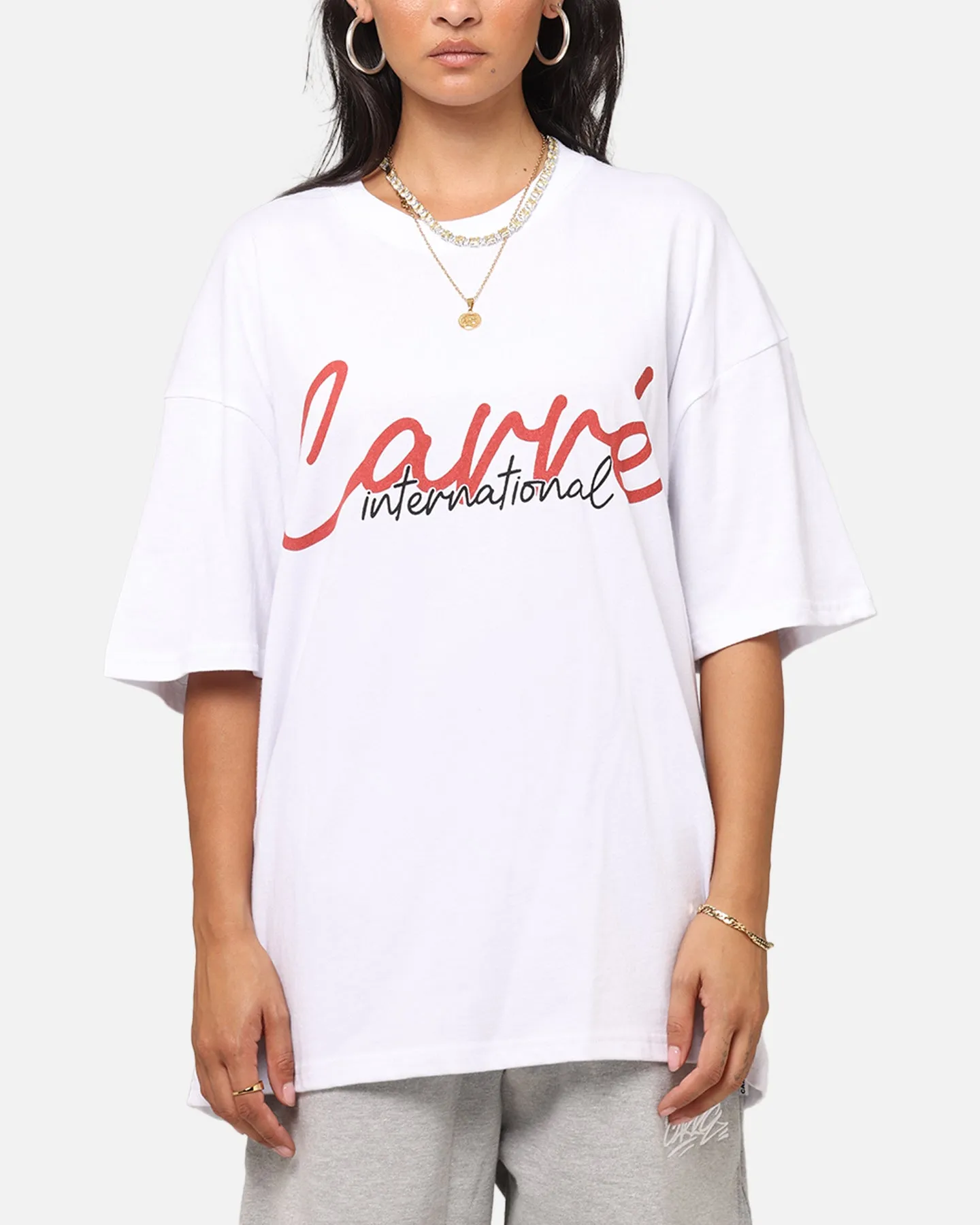 Carre International Script T-Shirt White Reinforced Shoulder Seams Retro nostalgia