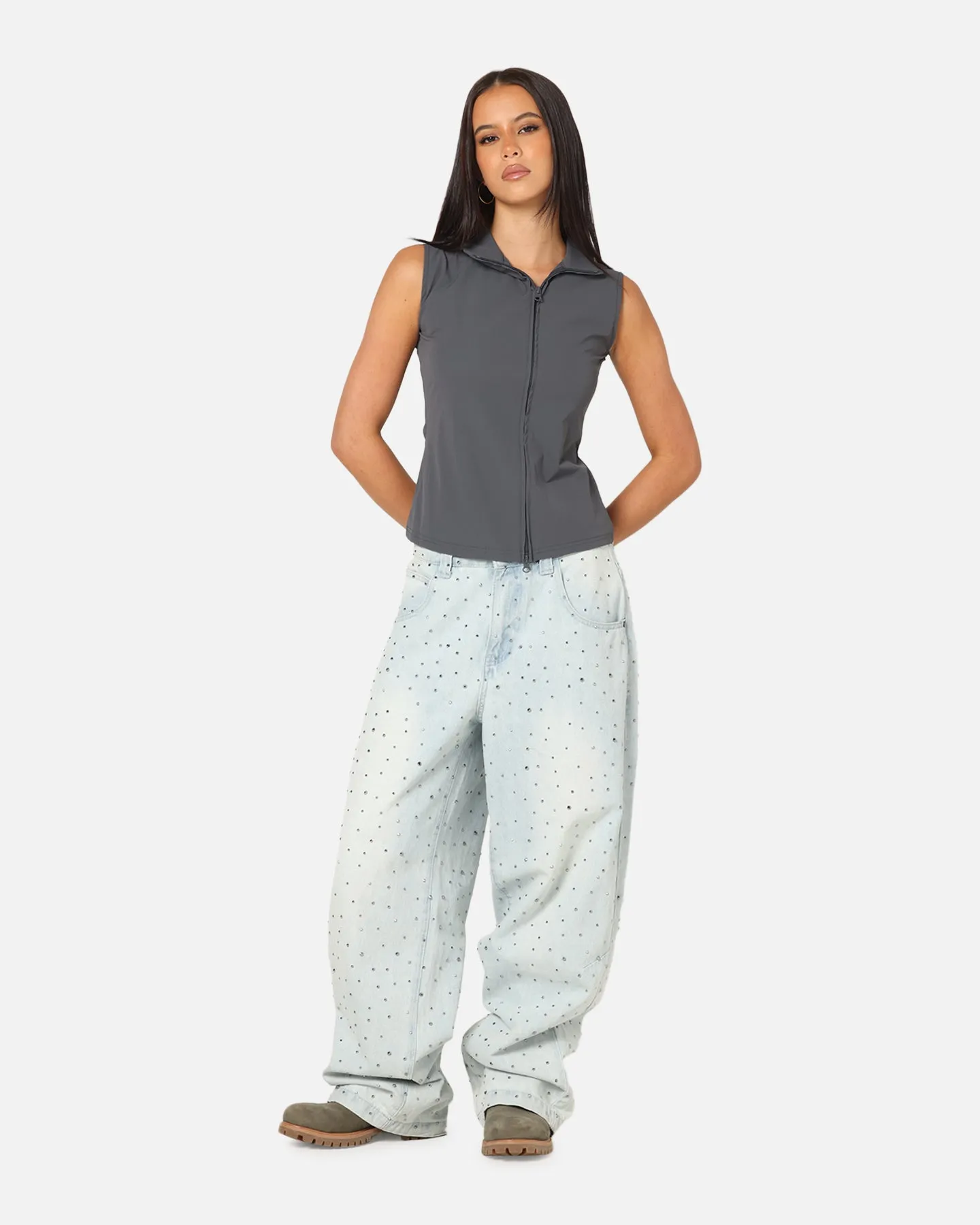 polo neck Drop Shoulder Design XXIII Women's Asymmetric Zip Top Grey