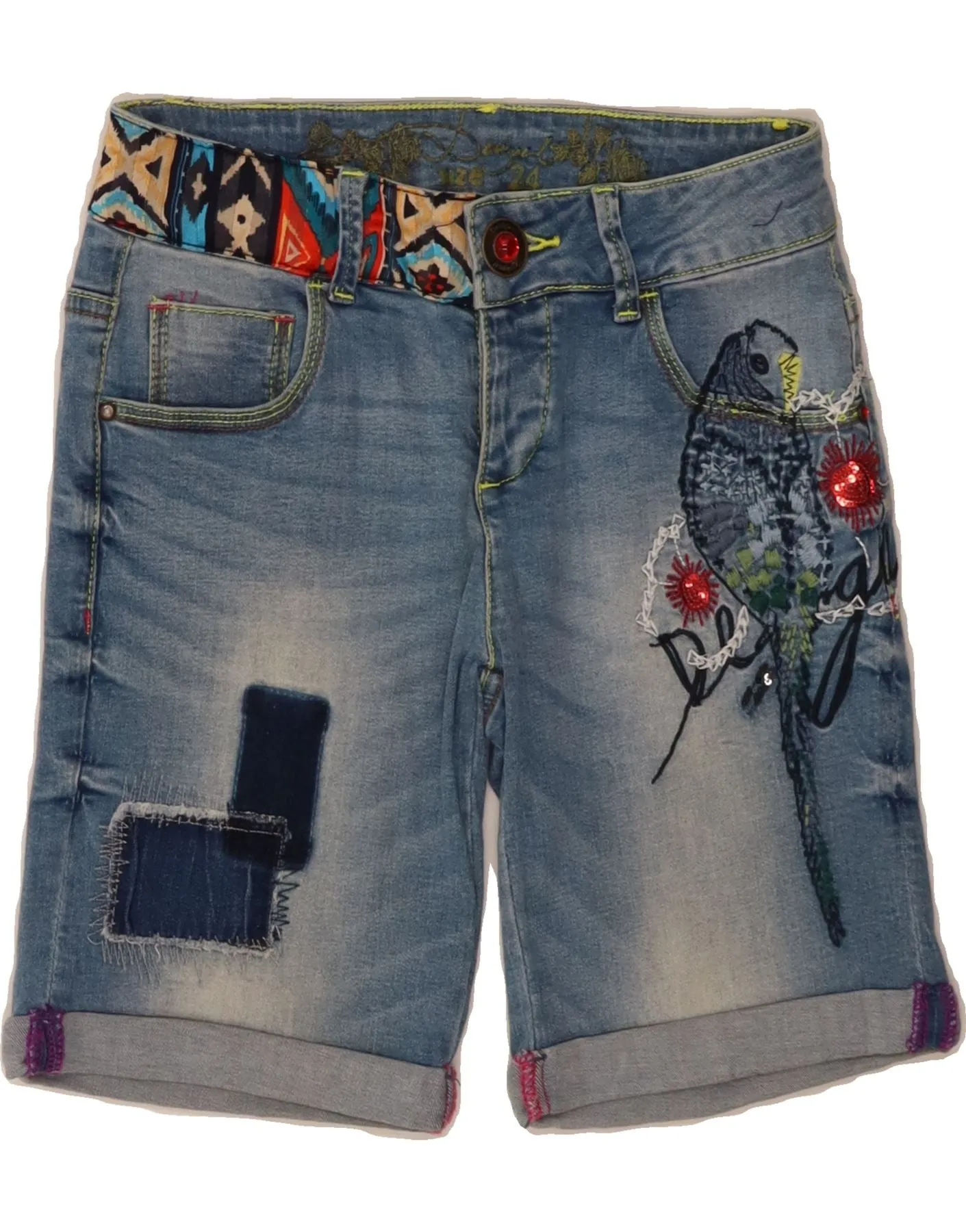 DESIGUAL Womens Graphic Denim Shorts W24 XS Blue Polyester Hot Weather Back pockets