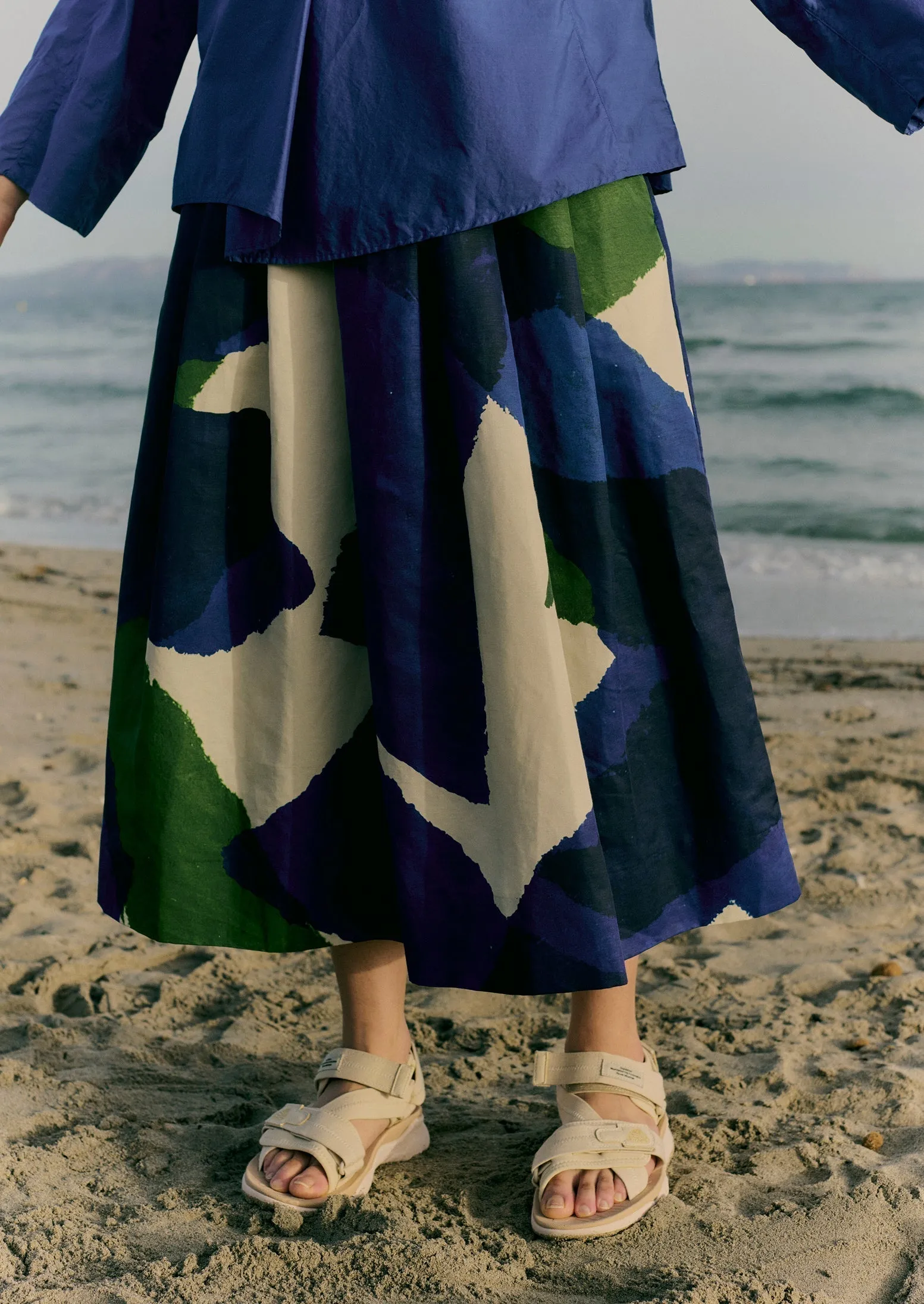 Washi Print Linen Cotton Skirt | Ecru/Blue/Green Refined Style Mid Rise