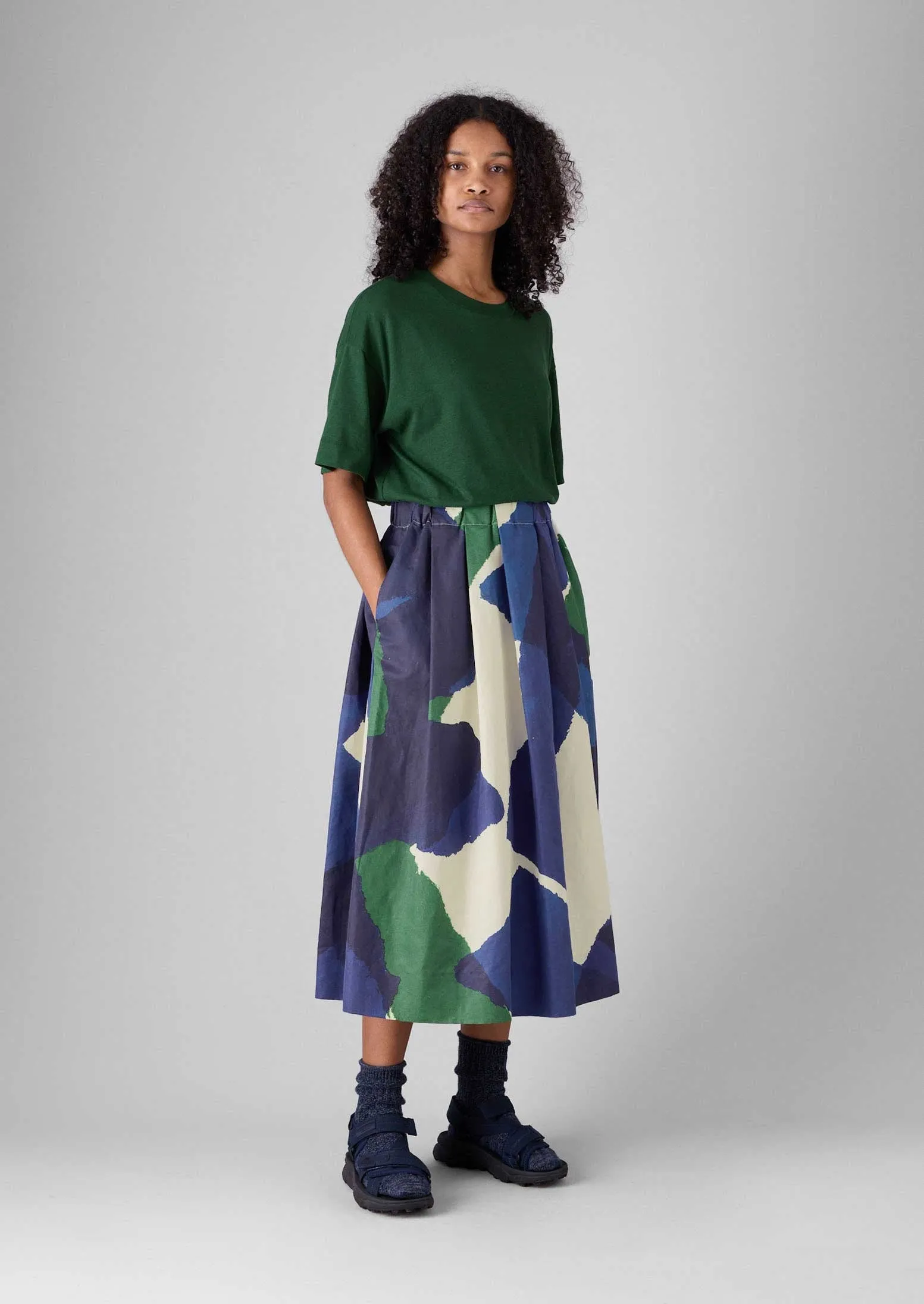 Washi Print Linen Cotton Skirt | Ecru/Blue/Green Evening Outing