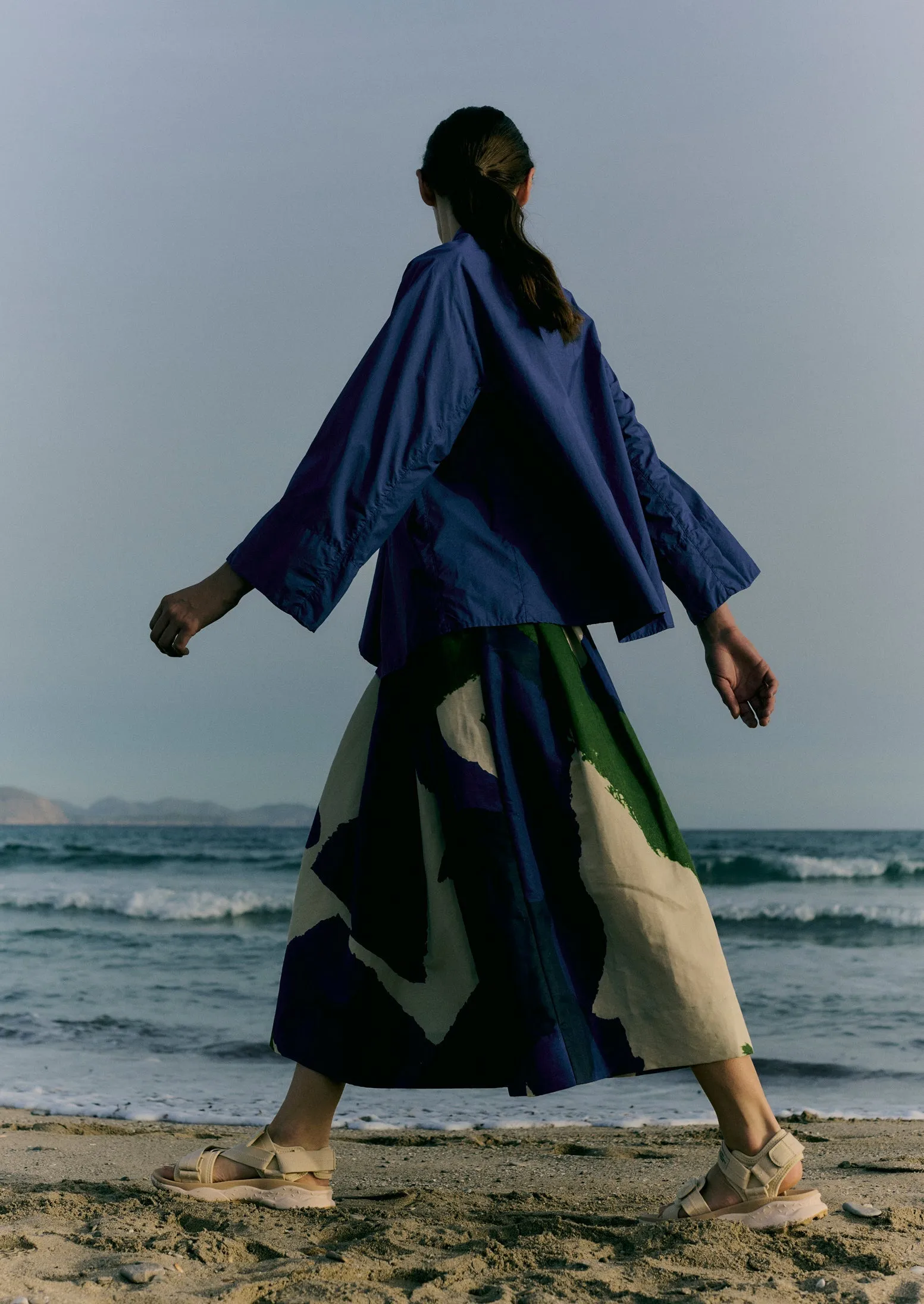 Washi Print Linen Cotton Skirt | Ecru/Blue/Green Elegant Texture High Shine