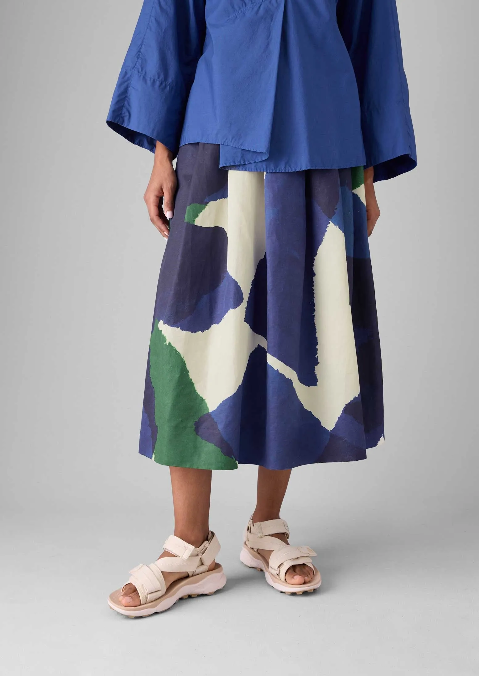 Washi Print Linen Cotton Skirt | Ecru/Blue/Green ruffle trim