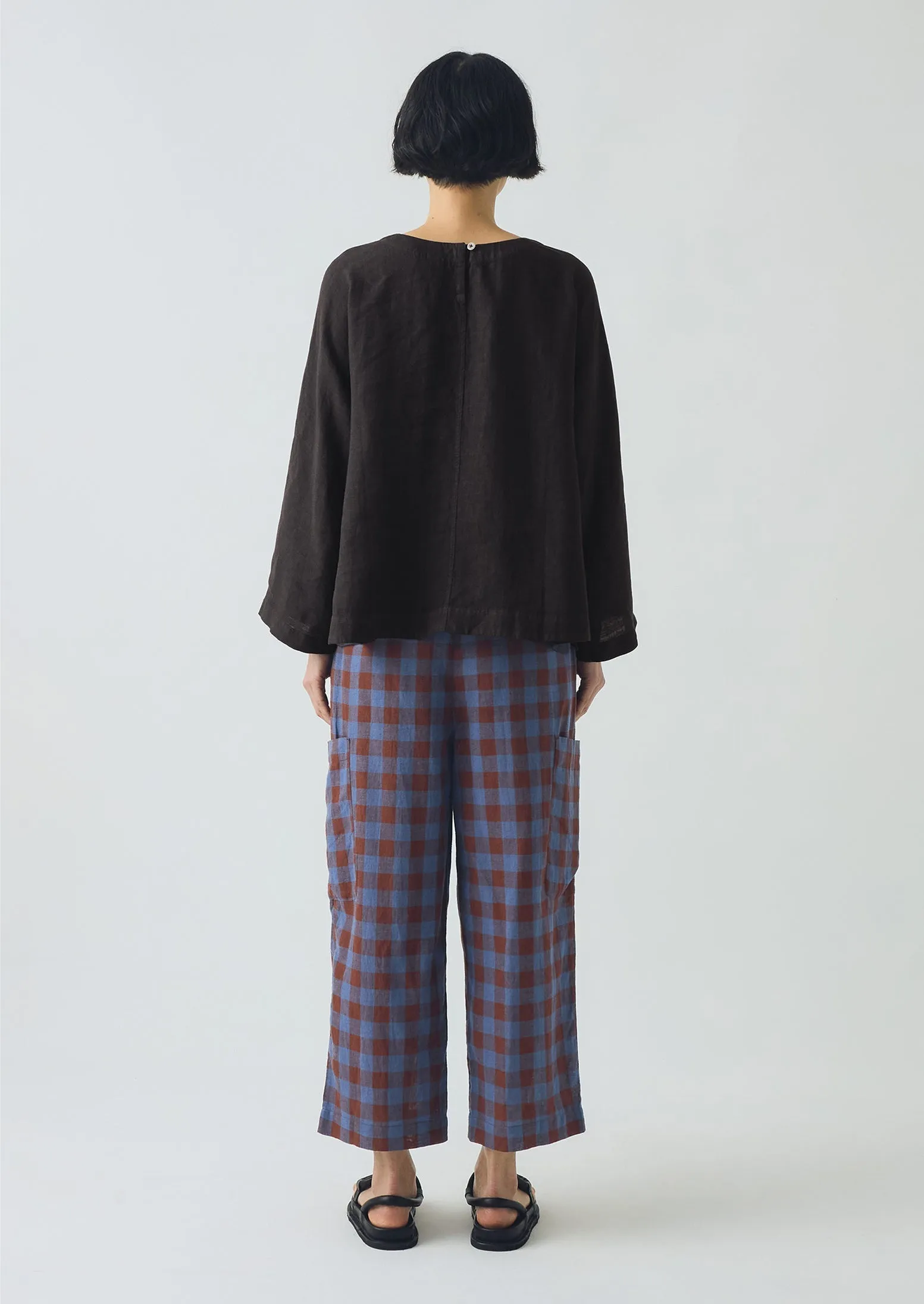 Mineral Check Linen Cotton Pants | Brown Ochre/Dark Cornflower Wrinklefree