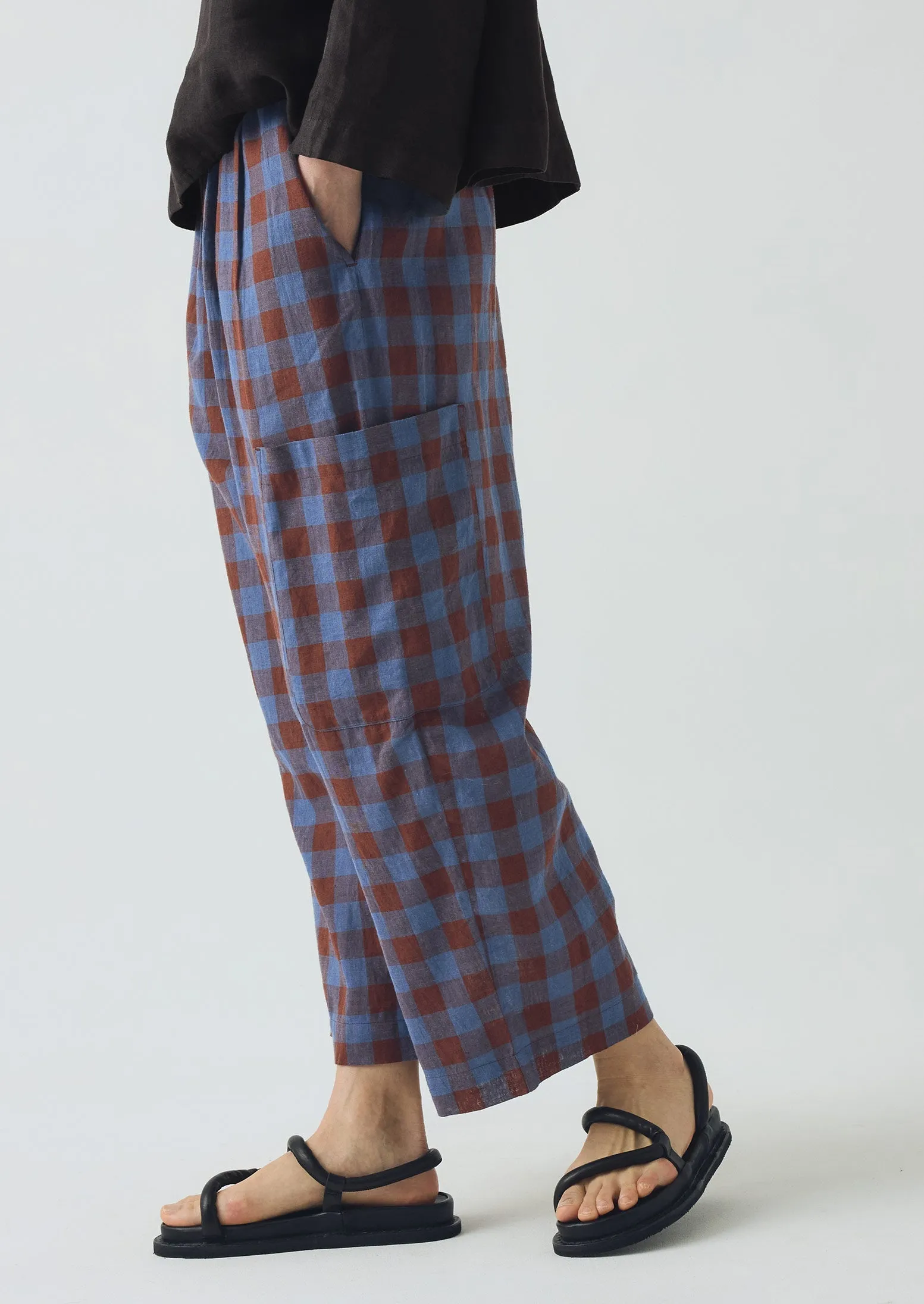 Mineral Check Linen Cotton Pants | Brown Ochre/Dark Cornflower Comfy Feel Ripstop Texture