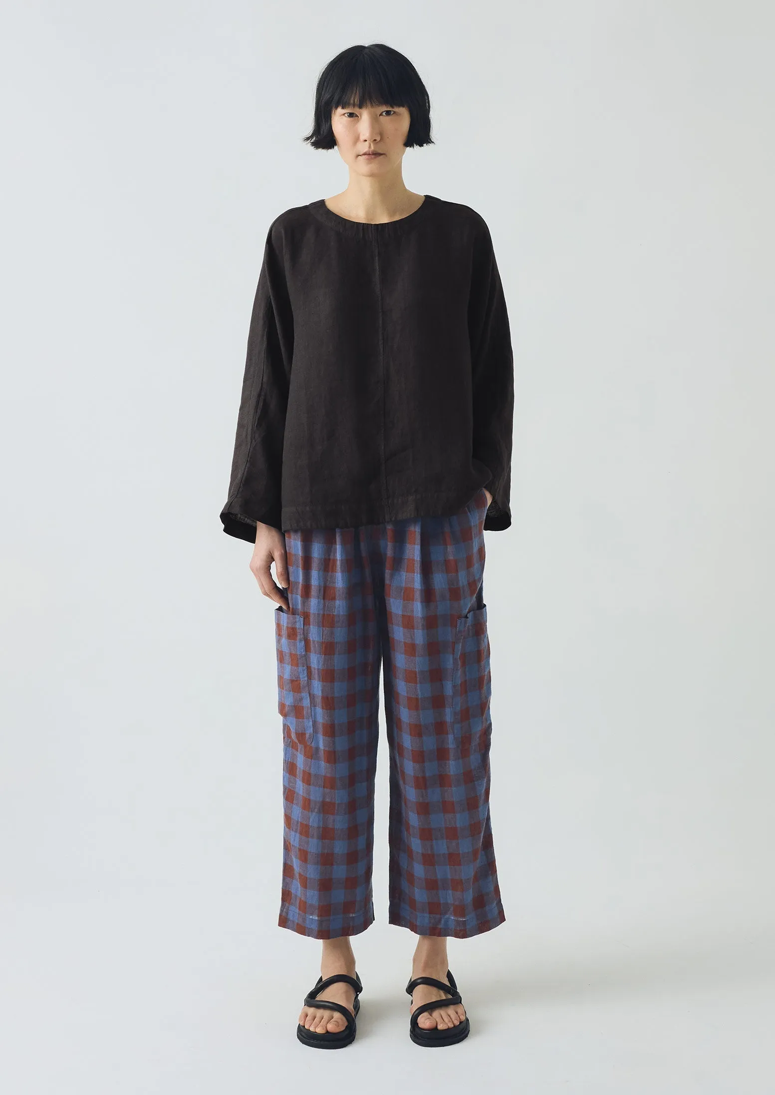 Essential Fit Mineral Check Linen Cotton Pants | Brown Ochre/Dark Cornflower