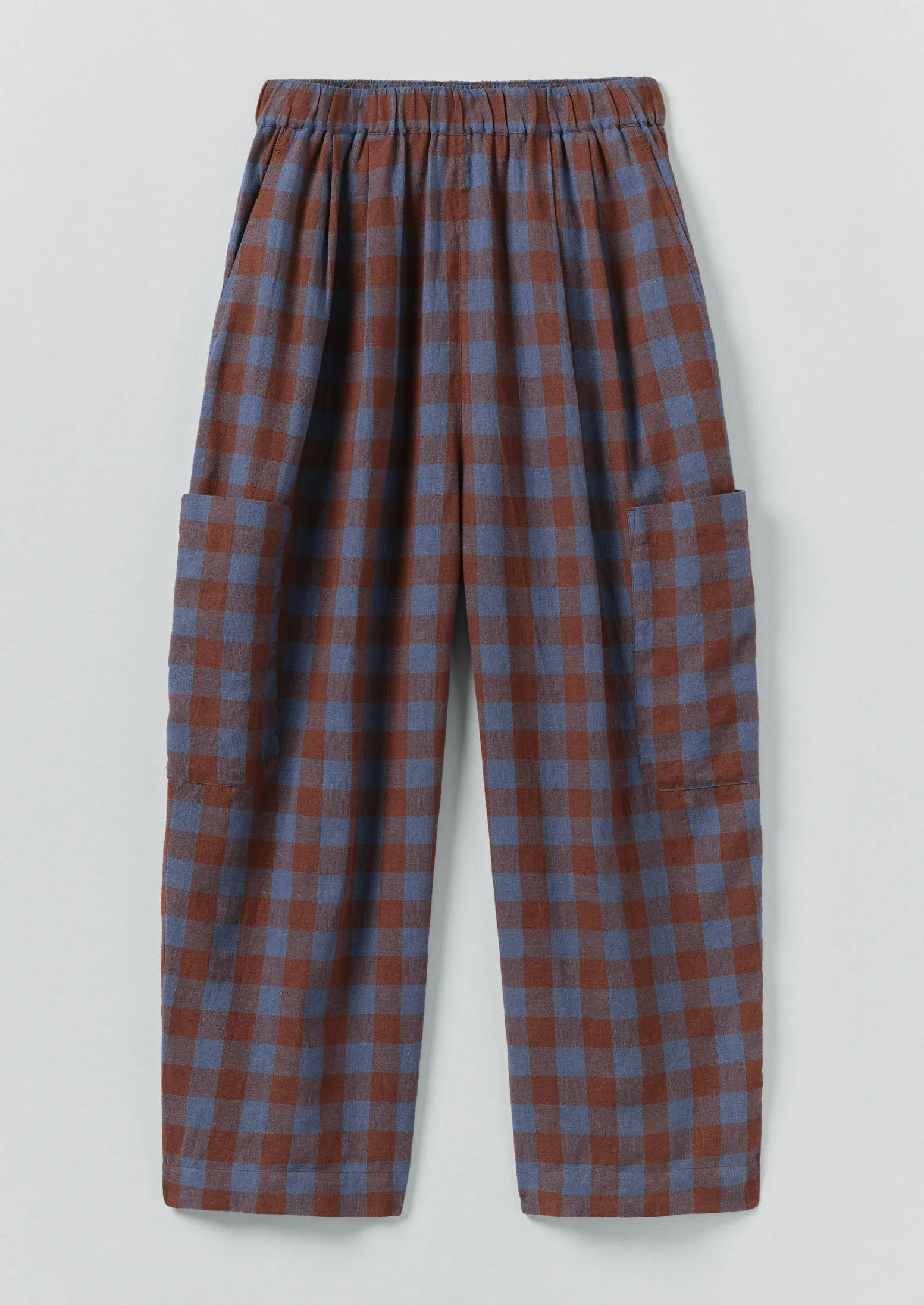 Light Waist Mineral Check Linen Cotton Pants | Brown Ochre/Dark Cornflower