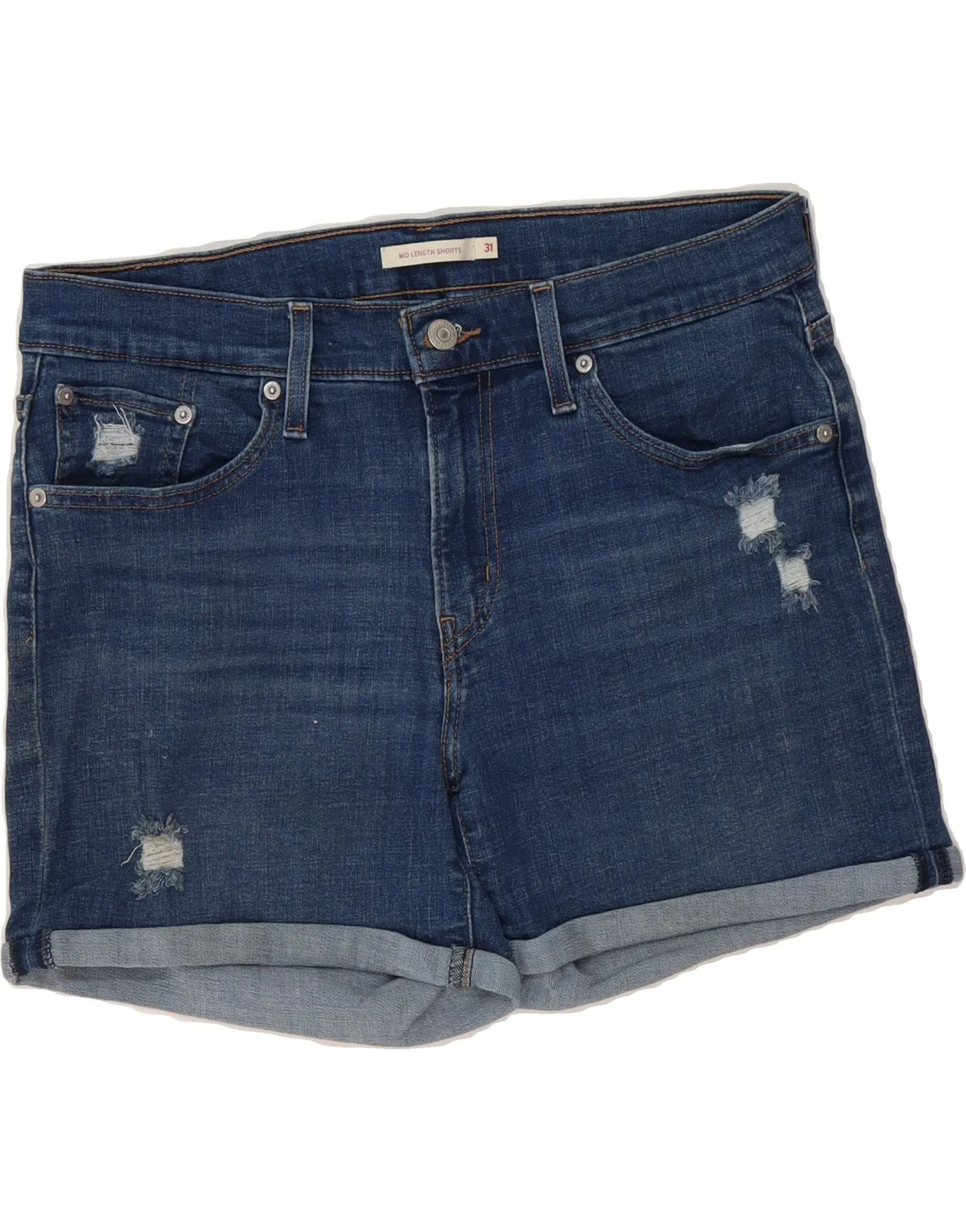 WideLegOpening men's fashion LEVI'S Womens Mid Rise Distressed Denim Shorts W31 Medium Blue Cotton