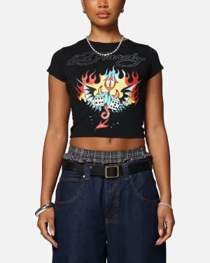 Ed Hardy Women's Flame Roll Baby T-Shirt Black Set In Sleeve Versatile Top