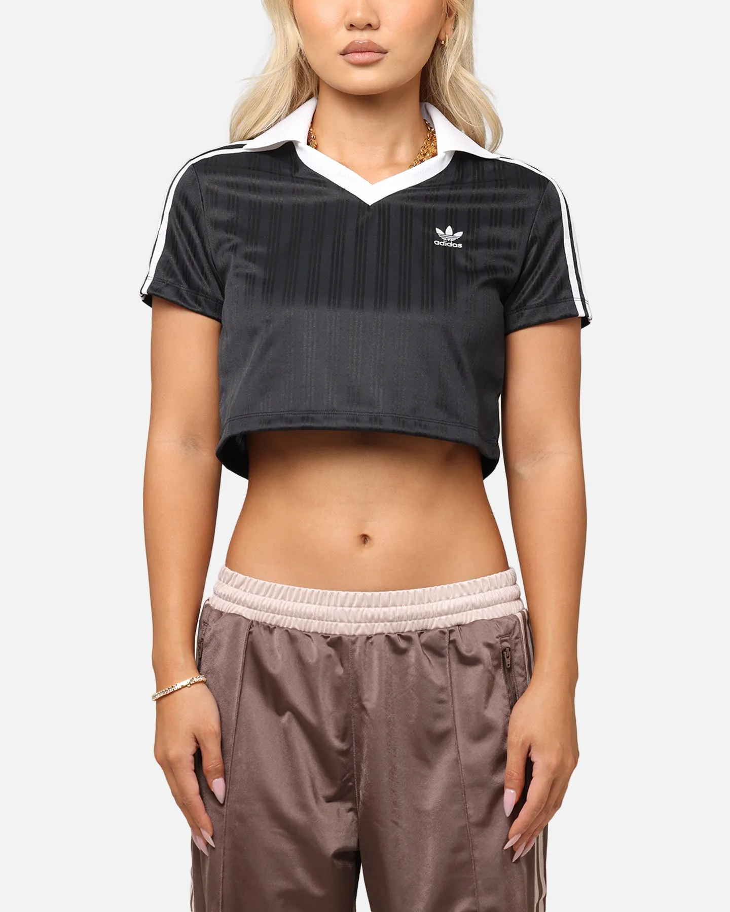 Adidas Women's Jacquard Crop Polo Shirt Black Cozy Look Comfy Pieces