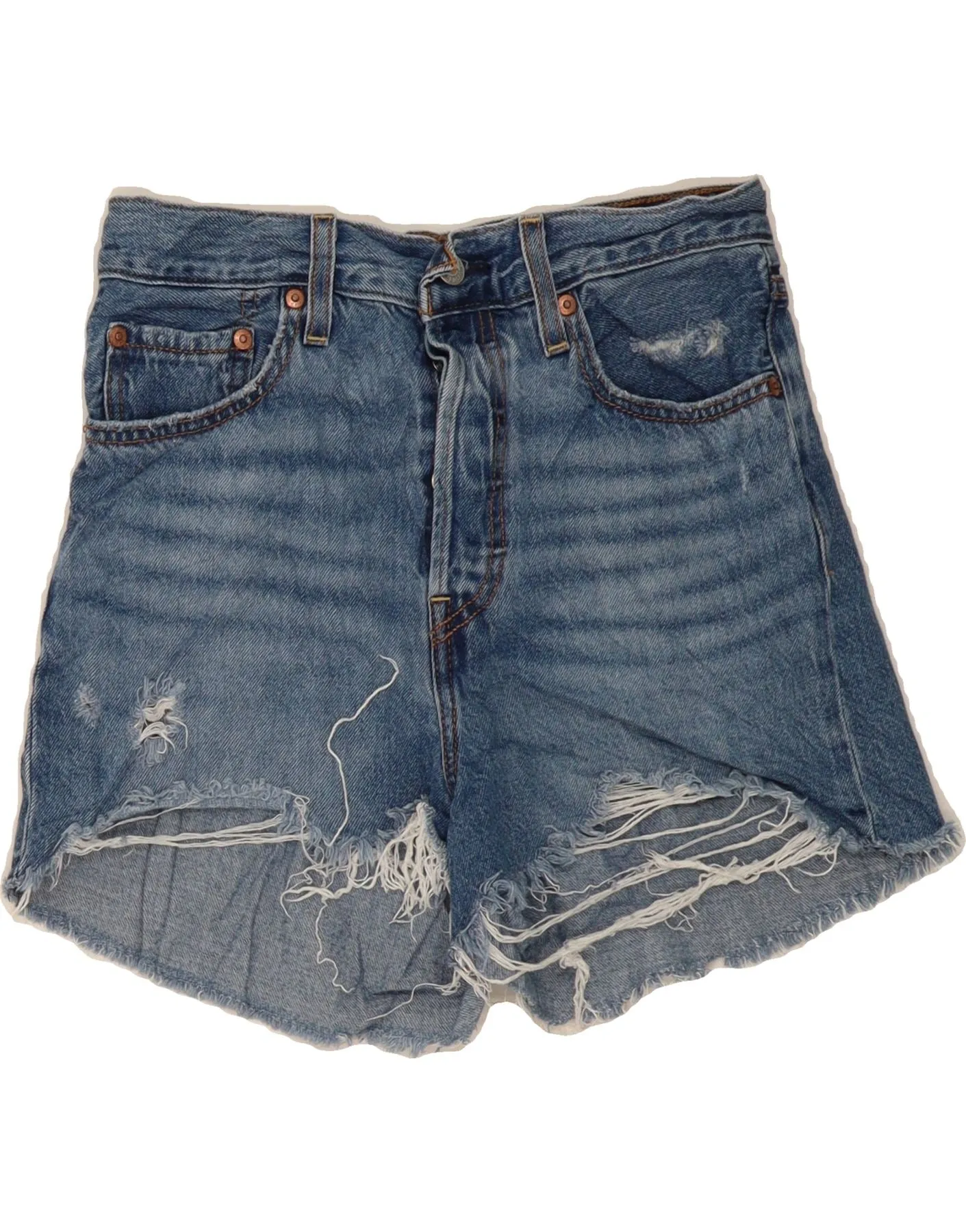 school wear Ergonomic Curved Seams LEVI'S Womens Distressed Denim Shorts W28 Medium Blue Cotton