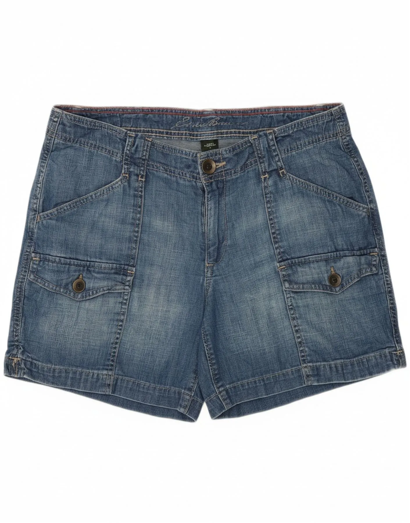 EDDIE BAUER Womens Cargo Denim Shorts US 8 Medium W32  Blue Cotton Port Pocket Design Quick Fit Performance