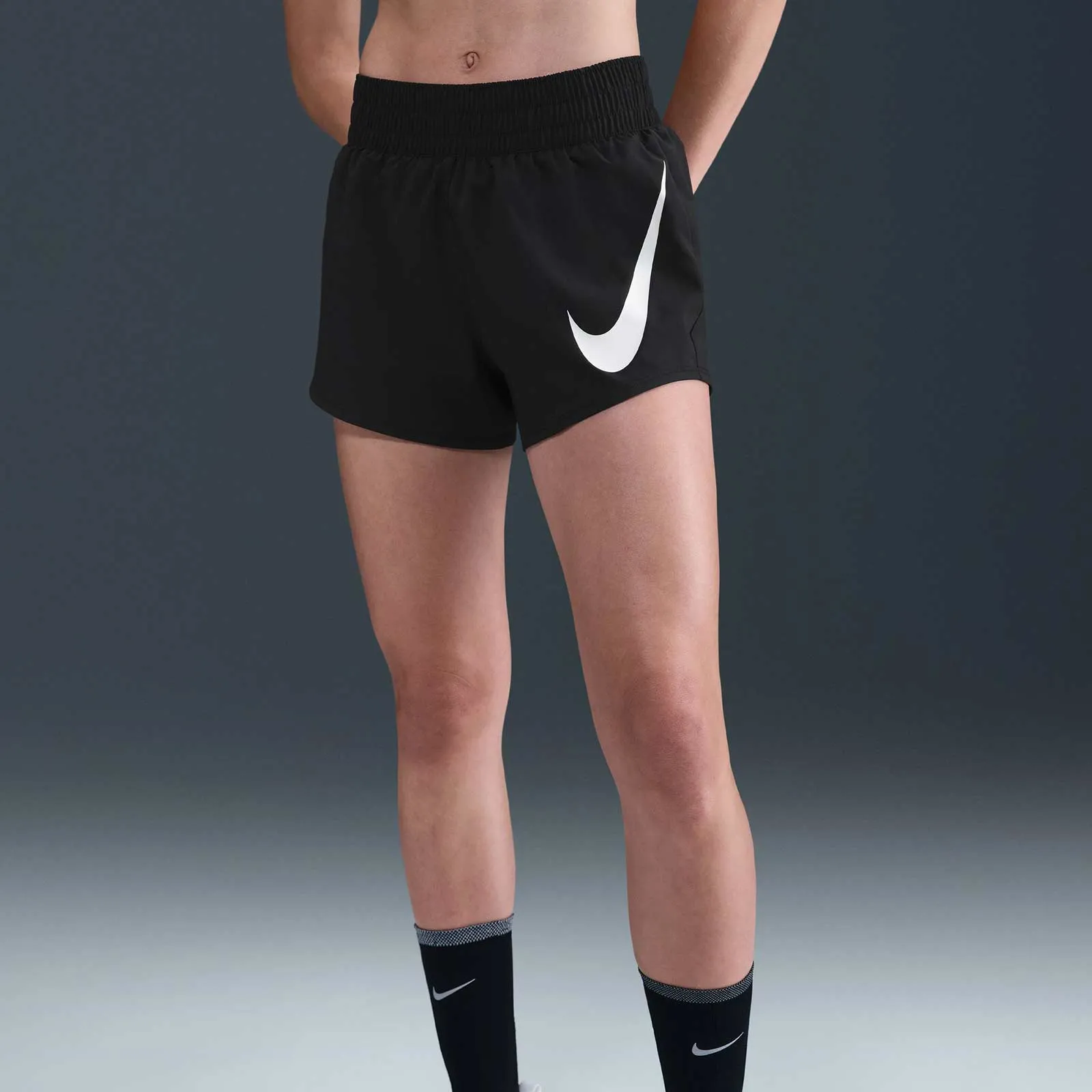 Motion Support Eco Friendly Dye Process Nike One Swoosh Womens Dri-FIT Mid-Rise Loose 3" Brief-Lined Running Shorts