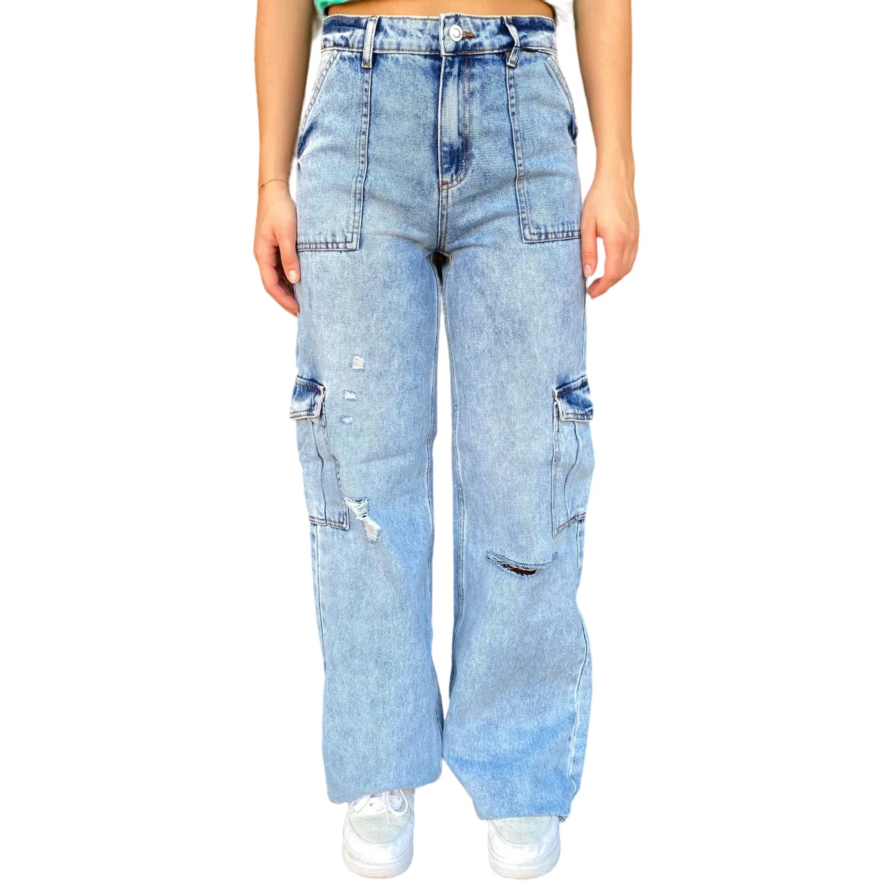Essential Look Family Style Slim XT Studio pantalone in jeans largo con tasconi e rotture Flare blu chiaro