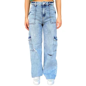 Essential Look Family Style Slim XT Studio pantalone in jeans largo con tasconi e rotture Flare blu chiaro