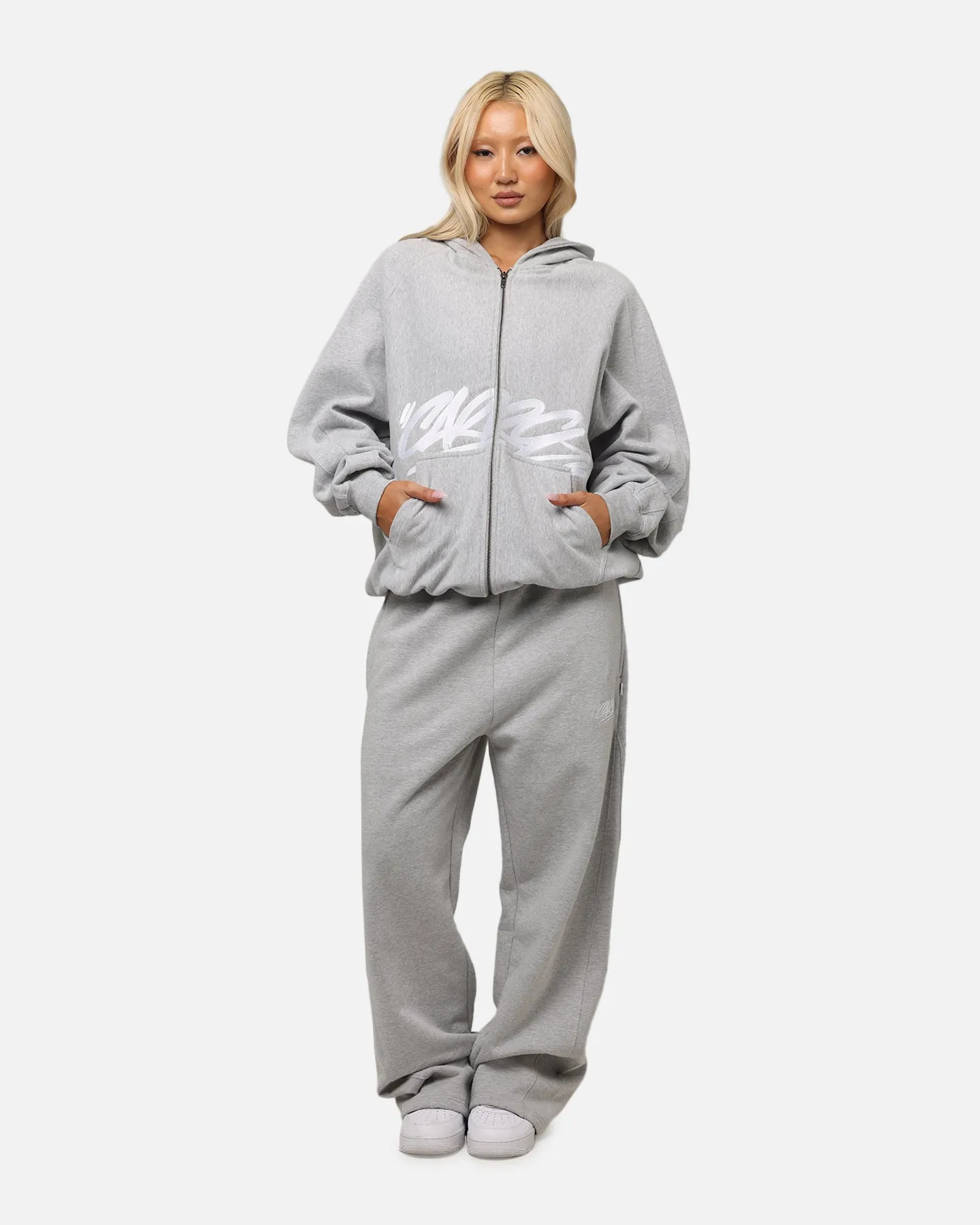 Fashion Feel Pearl details Carre Grit Zip Hoodie Grey Marle