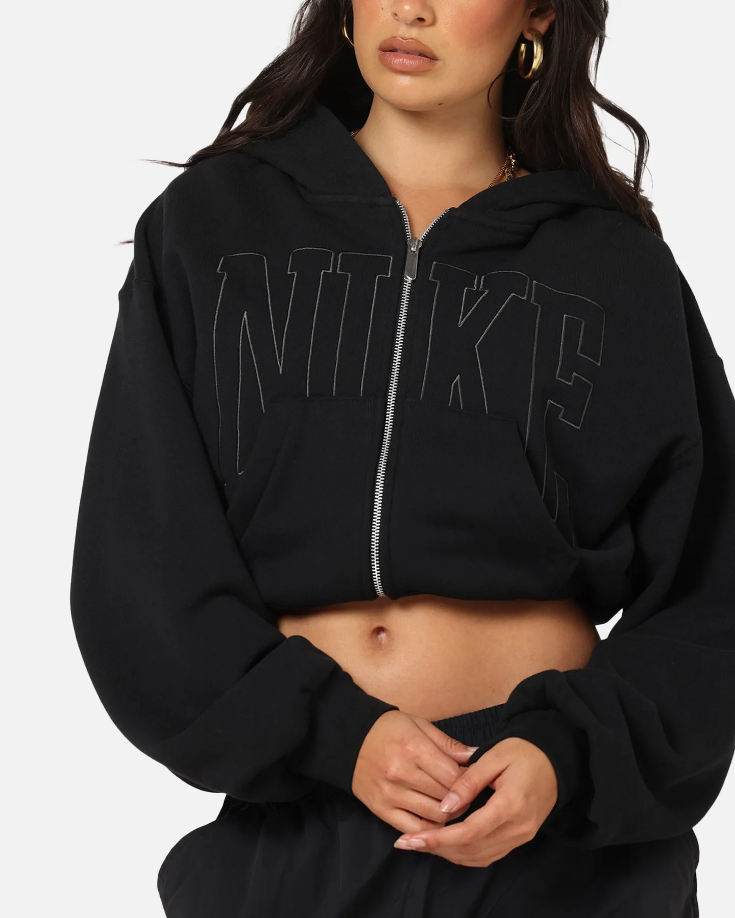 Nike Women's Sportswear Full-Zip Cropped French Terry Hoodie Black Yoke Back Design