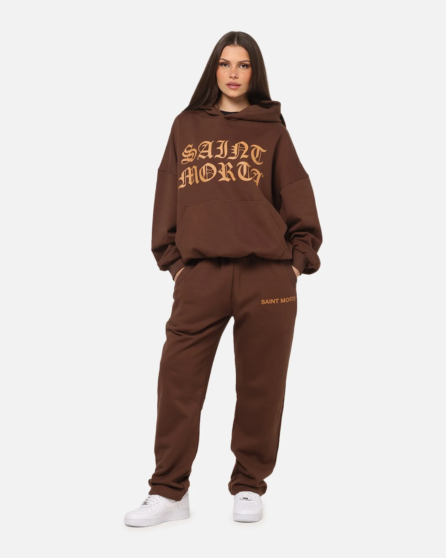 Saint Morta Sacred Script Hoodie Brown Reinforced Elbow Patches Stain Resistant