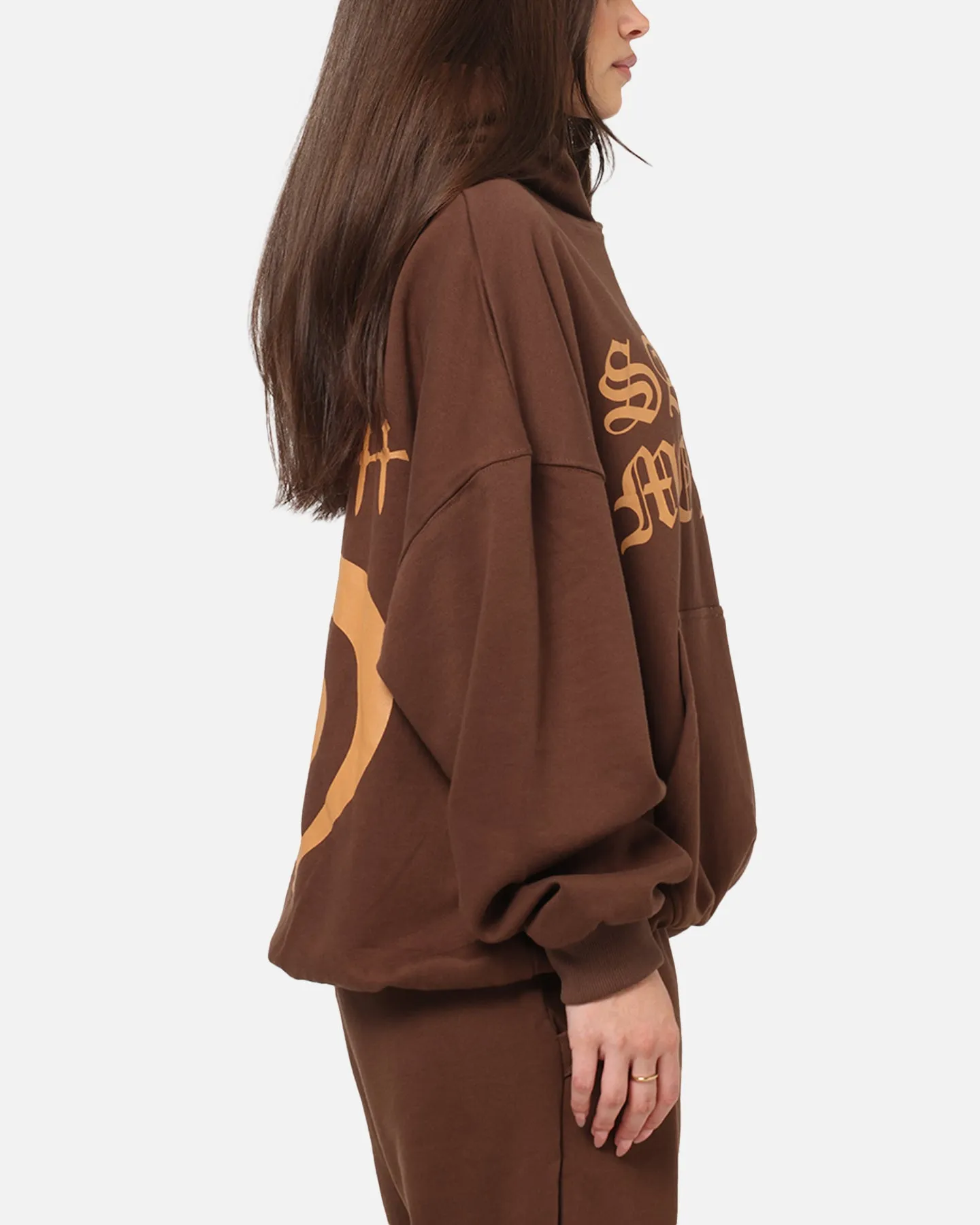 Saint Morta Sacred Script Hoodie Brown Heat Transfer Graphics Street Scene