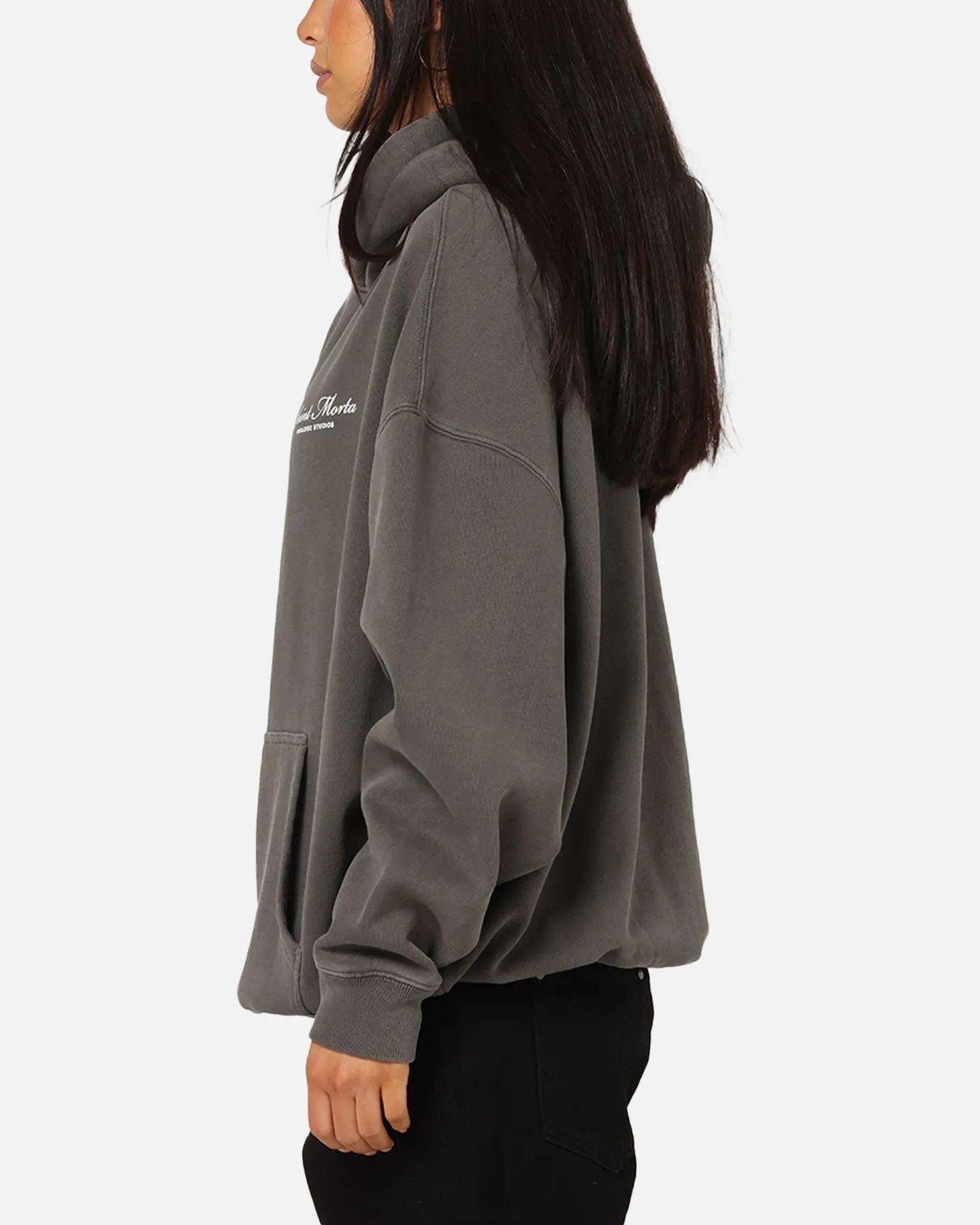 Saint Morta Studios Logo Boxy Hoodie Washed Black Garment Washed Finish Front Pouch