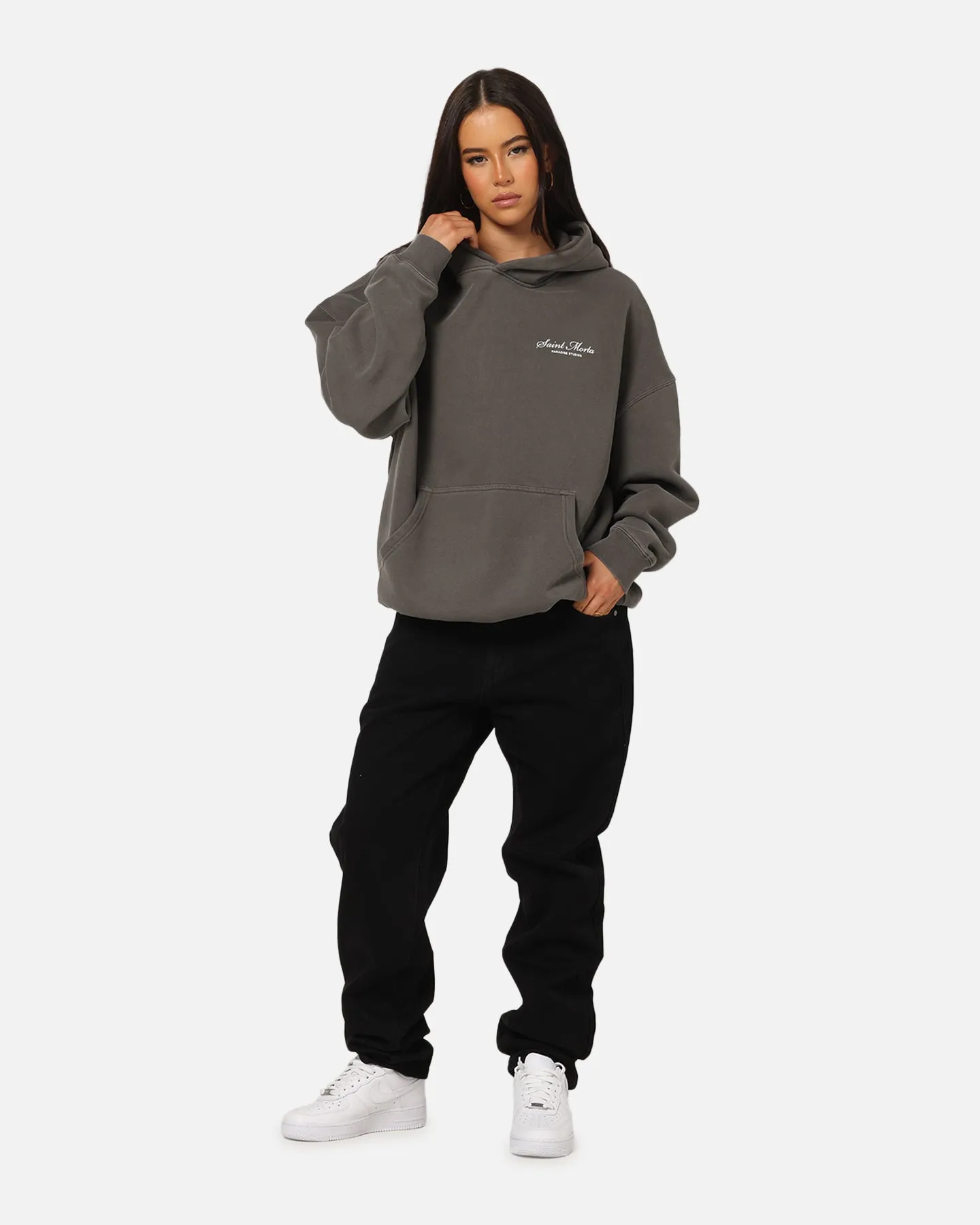 Saint Morta Studios Logo Boxy Hoodie Washed Black Glittery accents coffee shop hangout